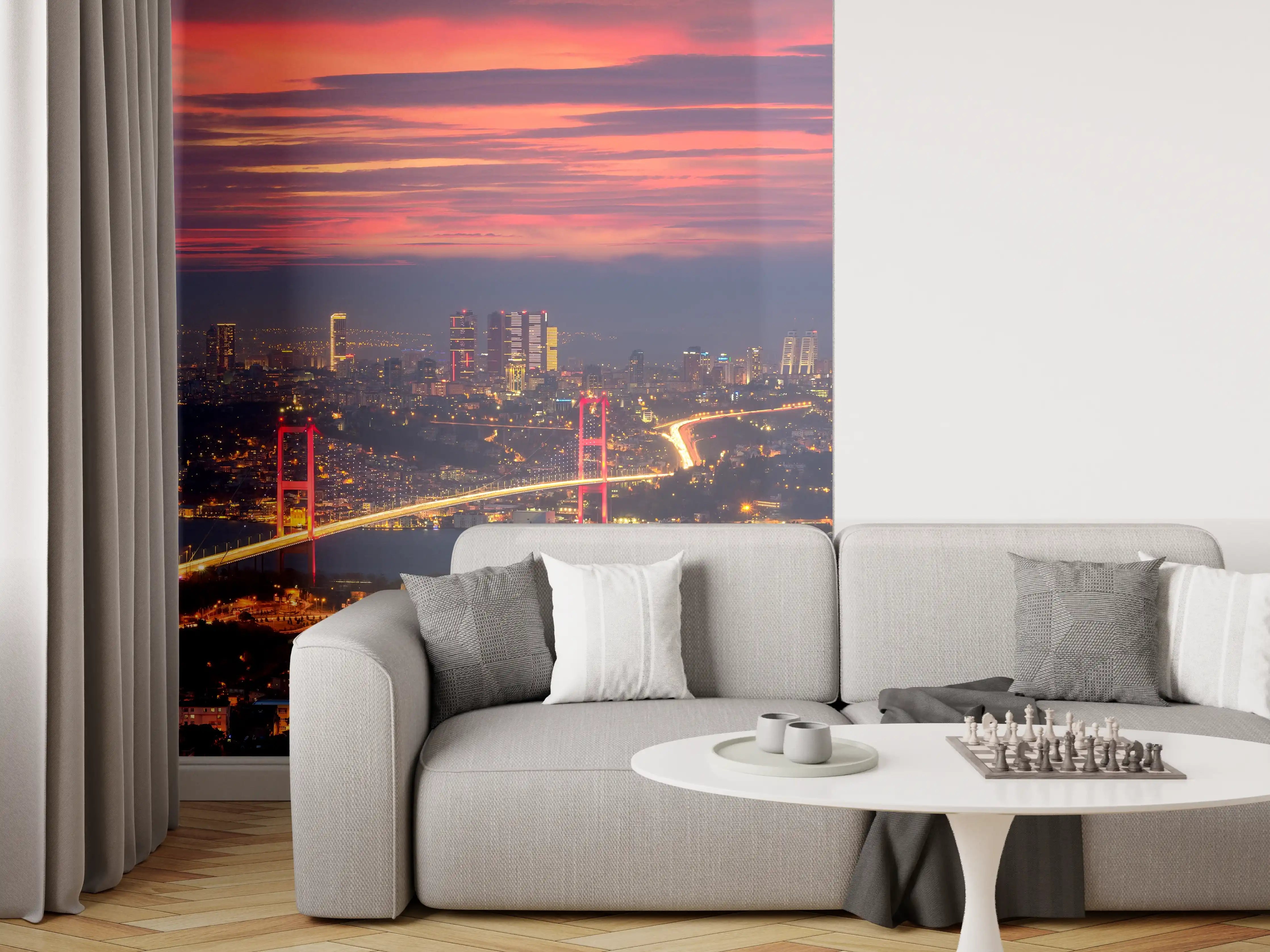 Wandverkleidung Wohnzimmer - Abendliche Skyline mit Brücke bei Sonnenuntergang