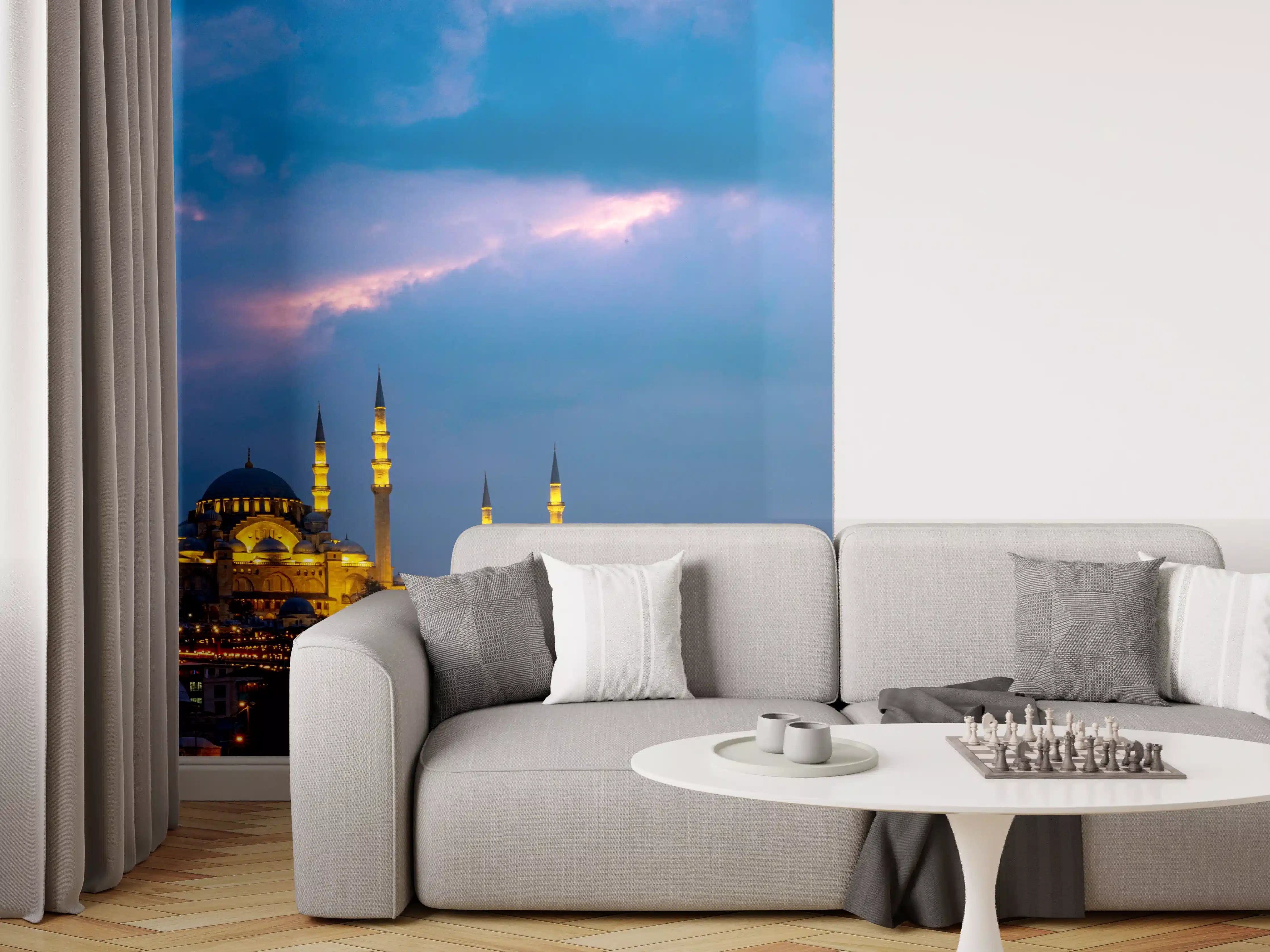 Wandverkleidung Wohnzimmer - Abendliche Skyline mit Moschee bei Dunkelheit