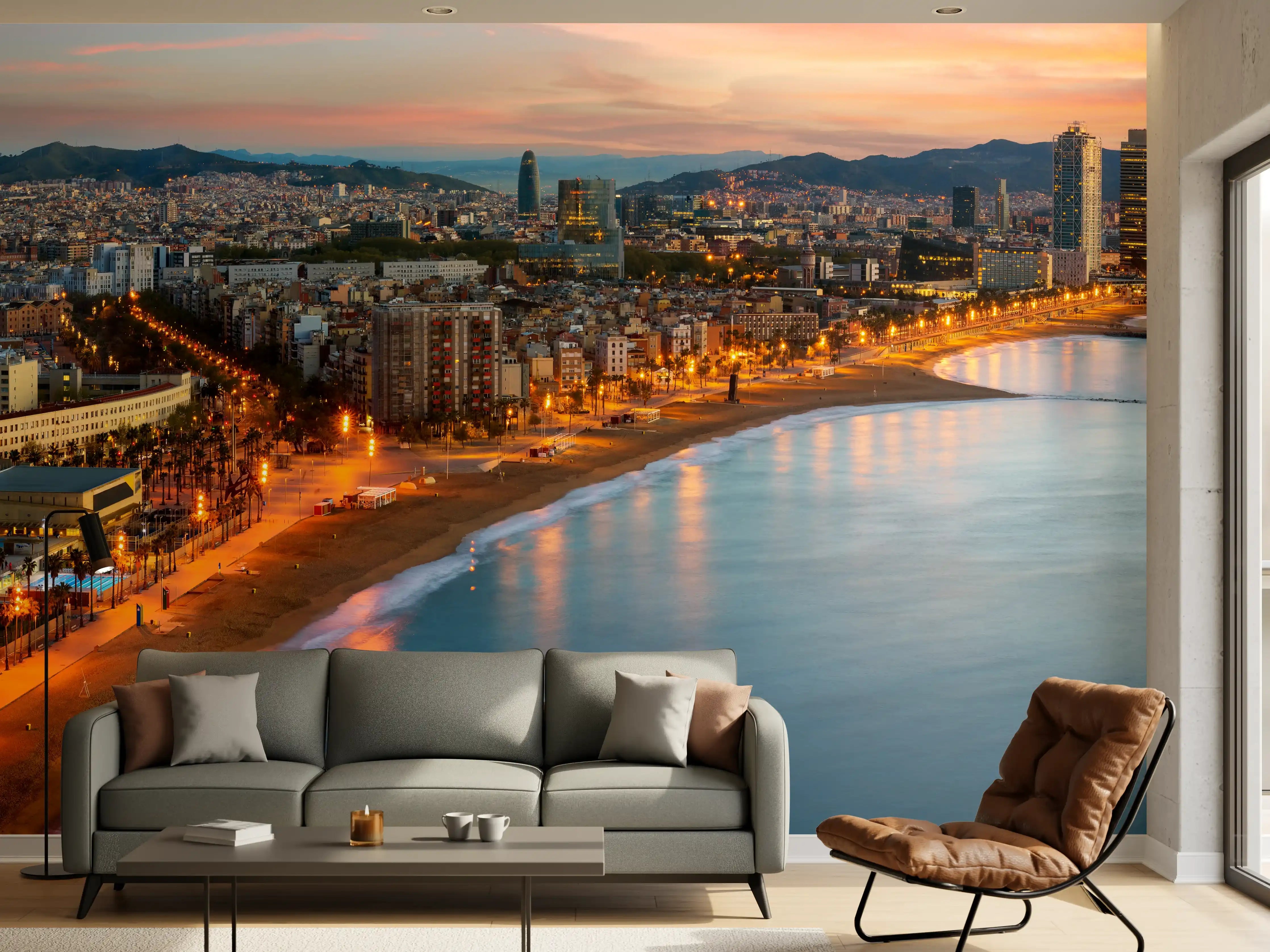 Wandverkleidung Wohnzimmer - Abendliche Skyline von [Stadtname] am Wasser bei Sonnenuntergang