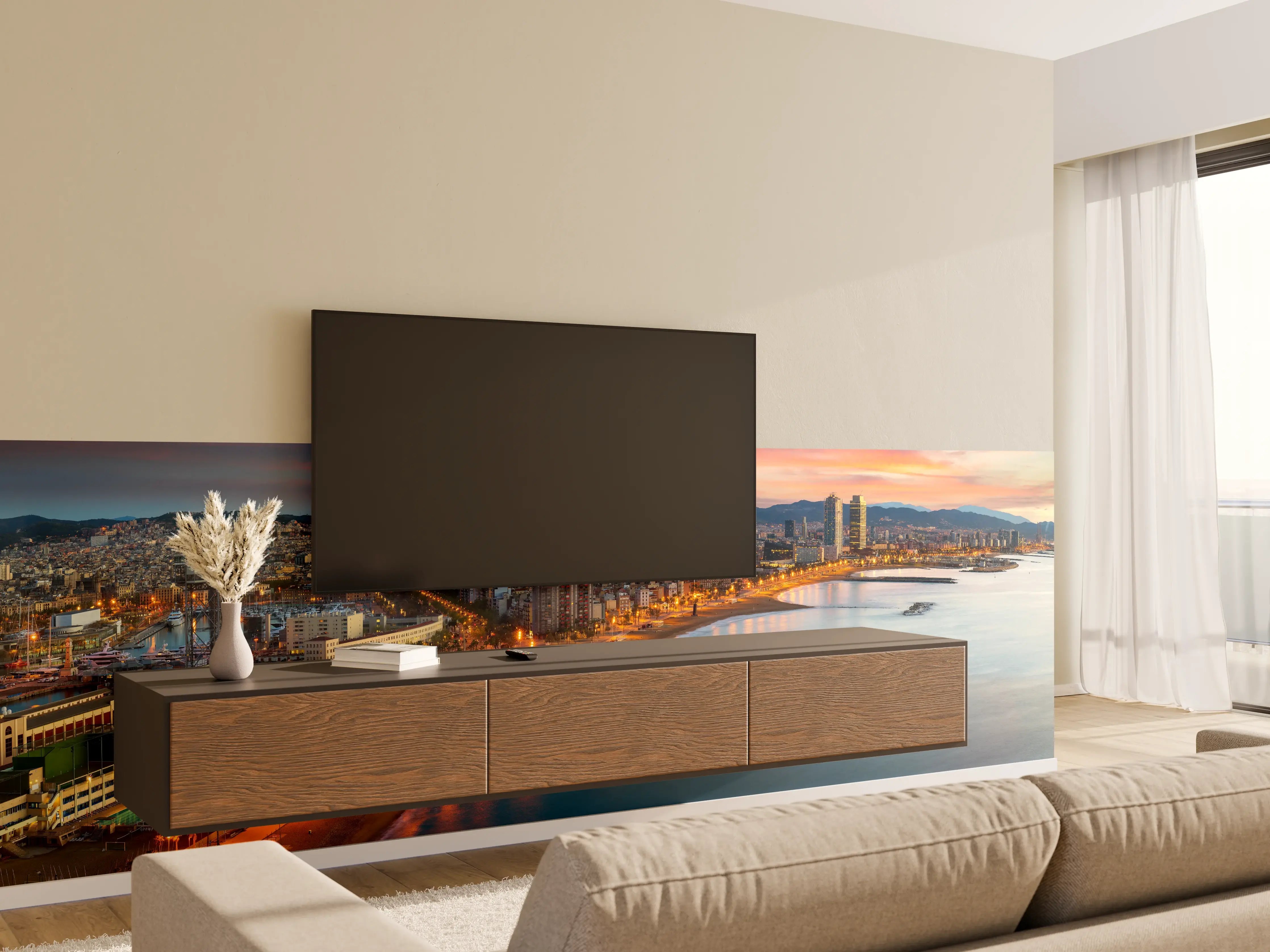 Wandverkleidung Wohnzimmer - Abendliche Skyline von [Stadtname] am Wasser bei Sonnenuntergang