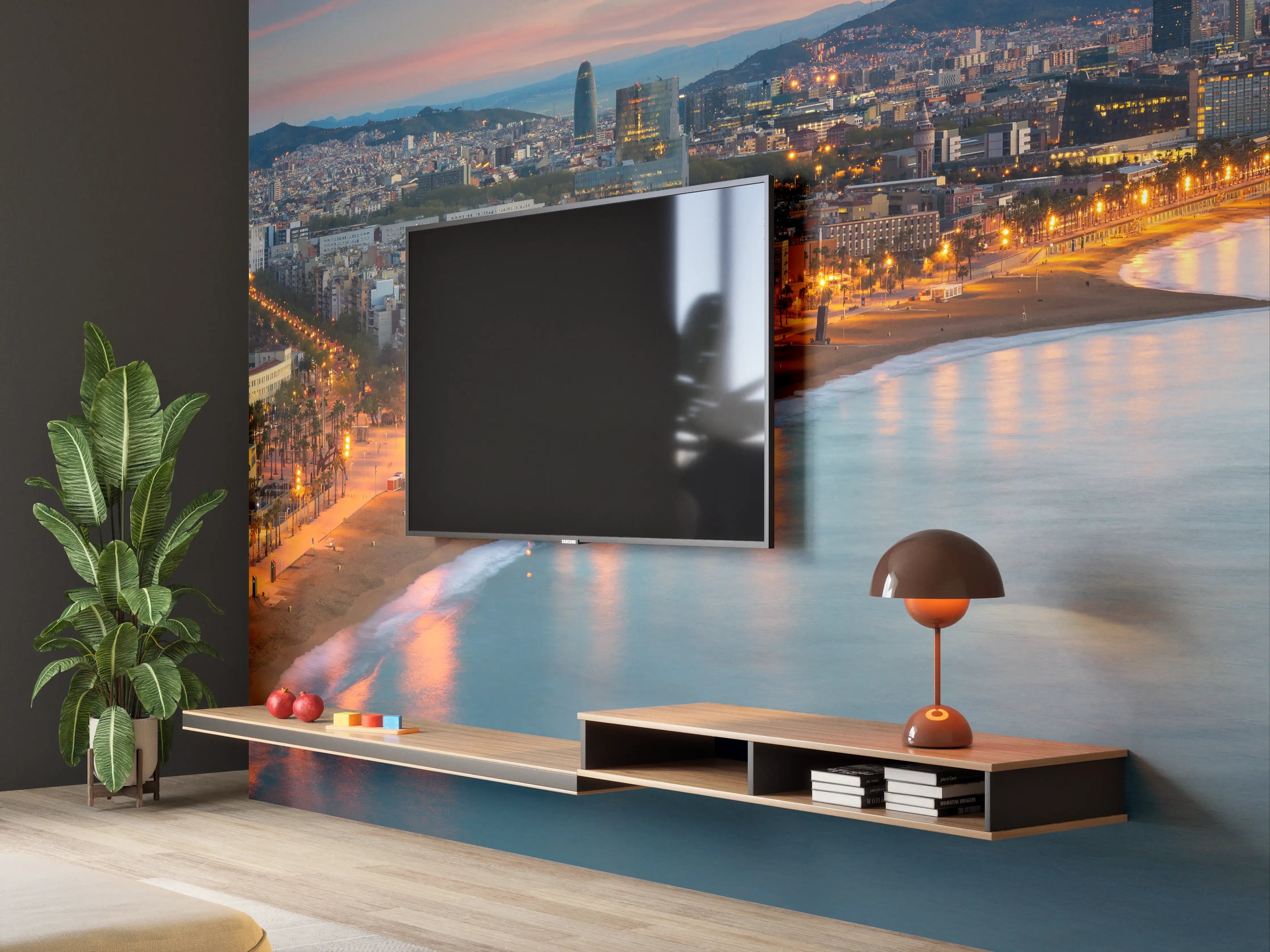 Wandverkleidung Wohnzimmer - Abendliche Skyline von [Stadtname] am Wasser bei Sonnenuntergang