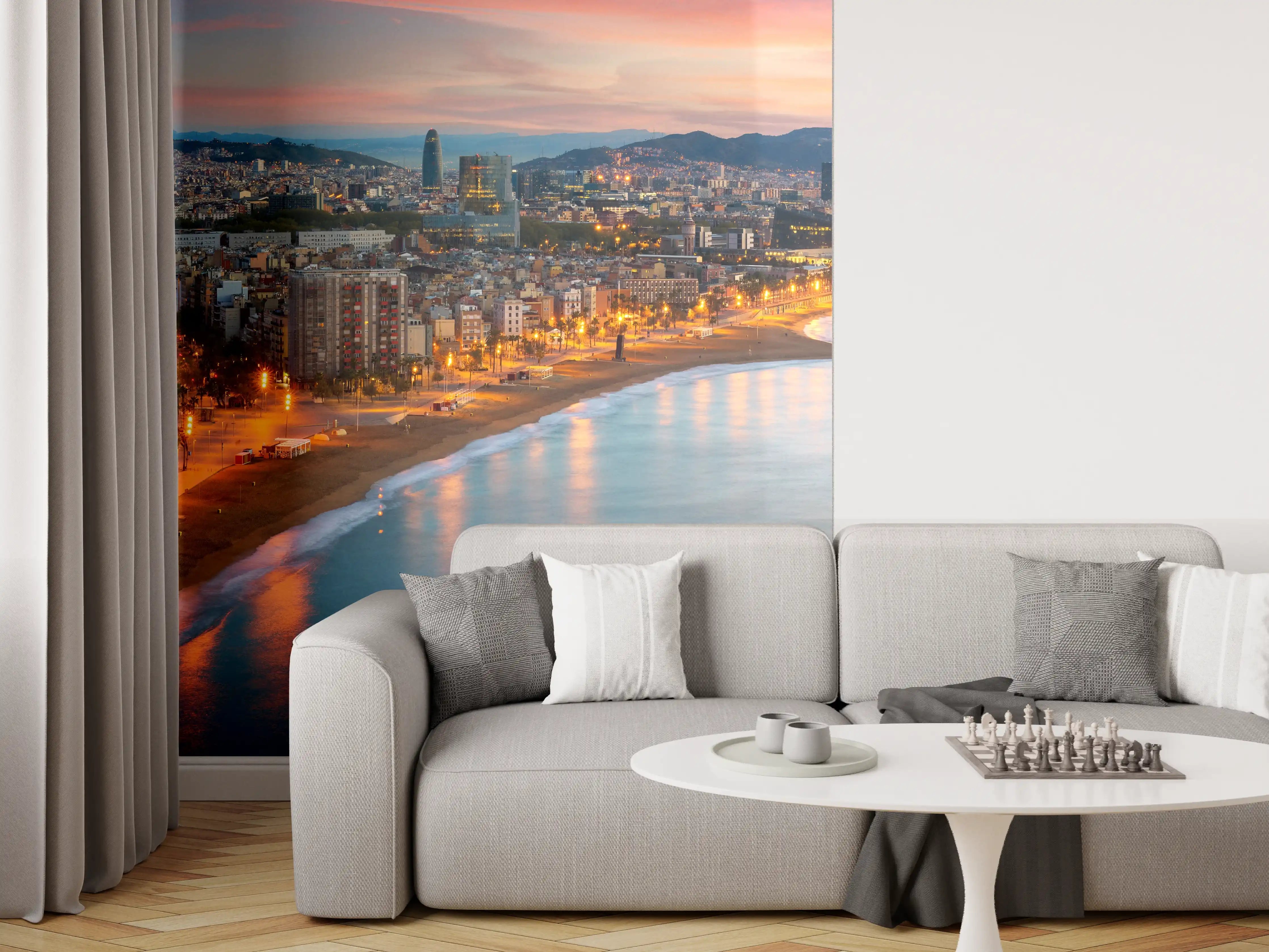 Wandverkleidung Wohnzimmer - Abendliche Skyline von [Stadtname] am Wasser bei Sonnenuntergang