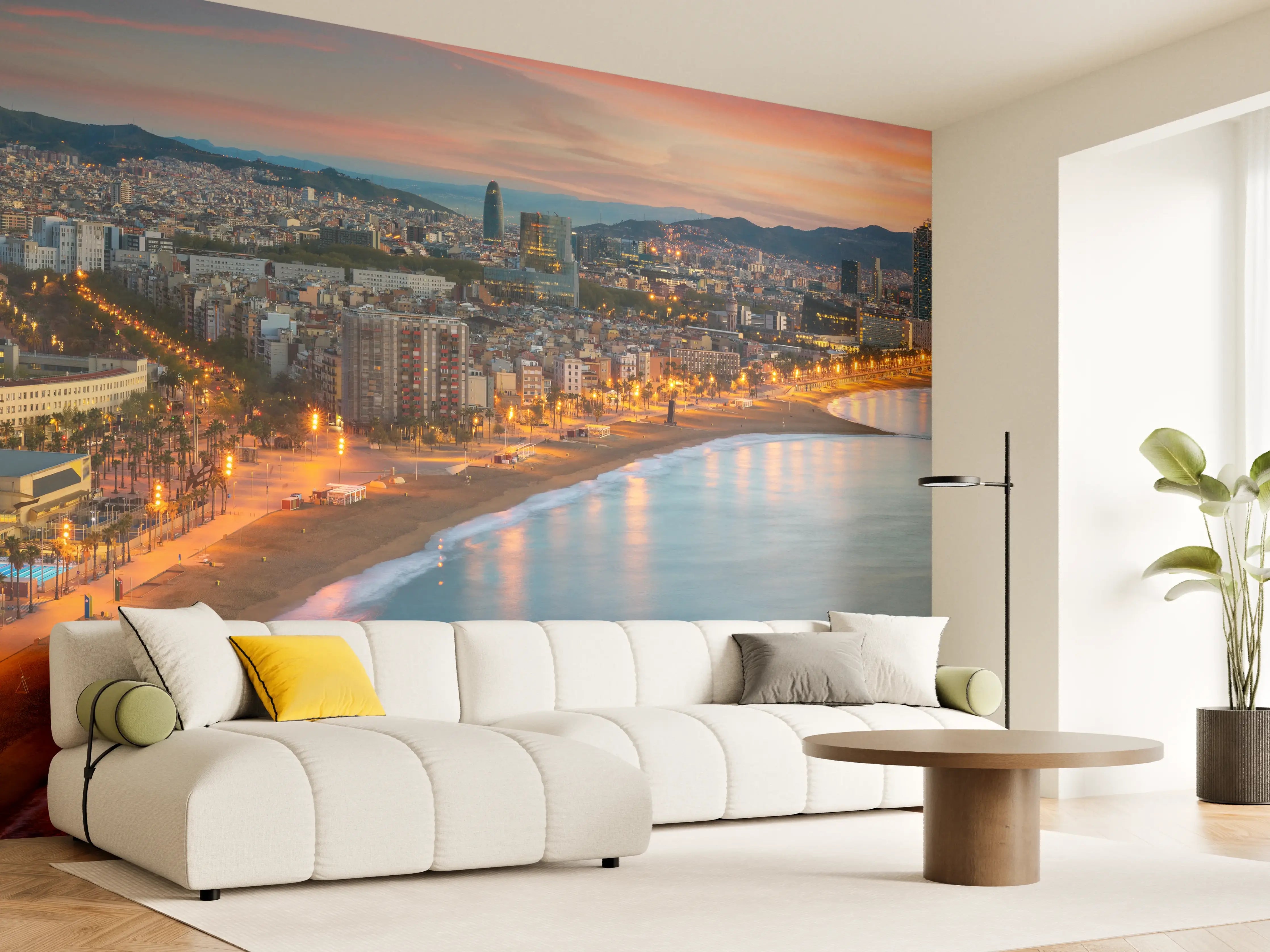 Wandverkleidung Wohnzimmer - Abendliche Skyline von [Stadtname] am Wasser bei Sonnenuntergang