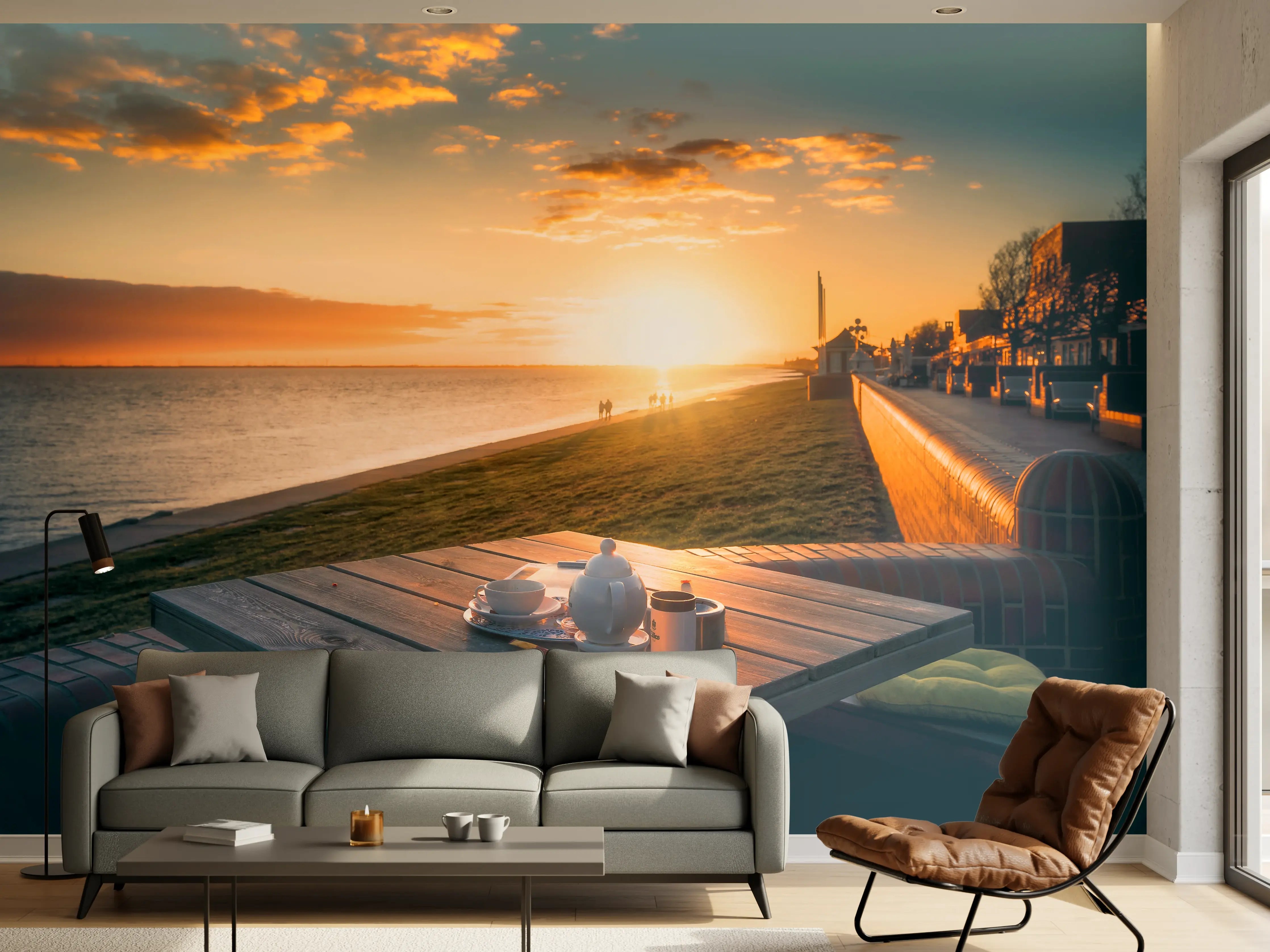 Wandverkleidung Wohnzimmer - Abendliche Sonnenuntergangsstimmung am Wasser