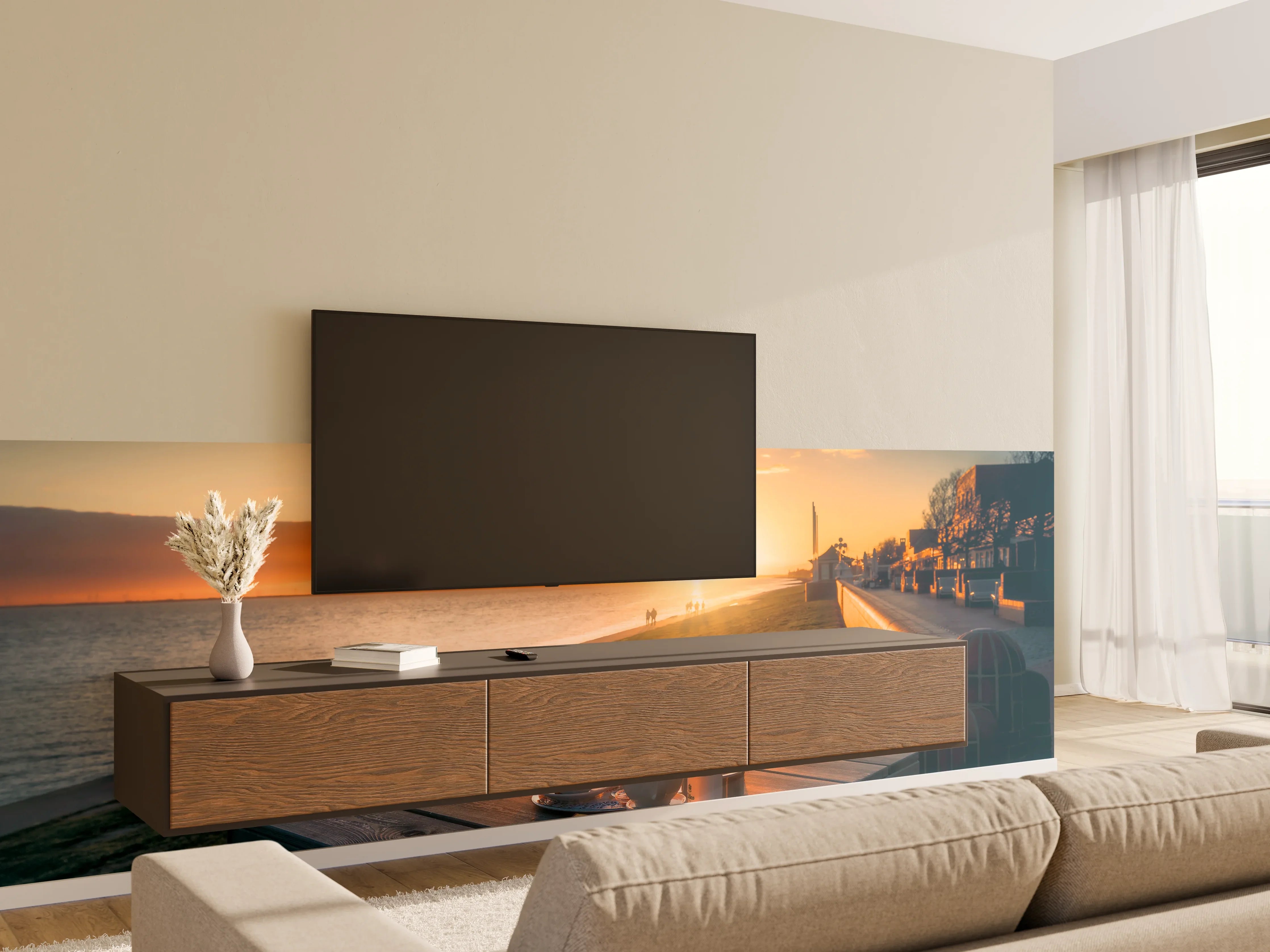 Wandverkleidung Wohnzimmer - Abendliche Sonnenuntergangsstimmung am Wasser