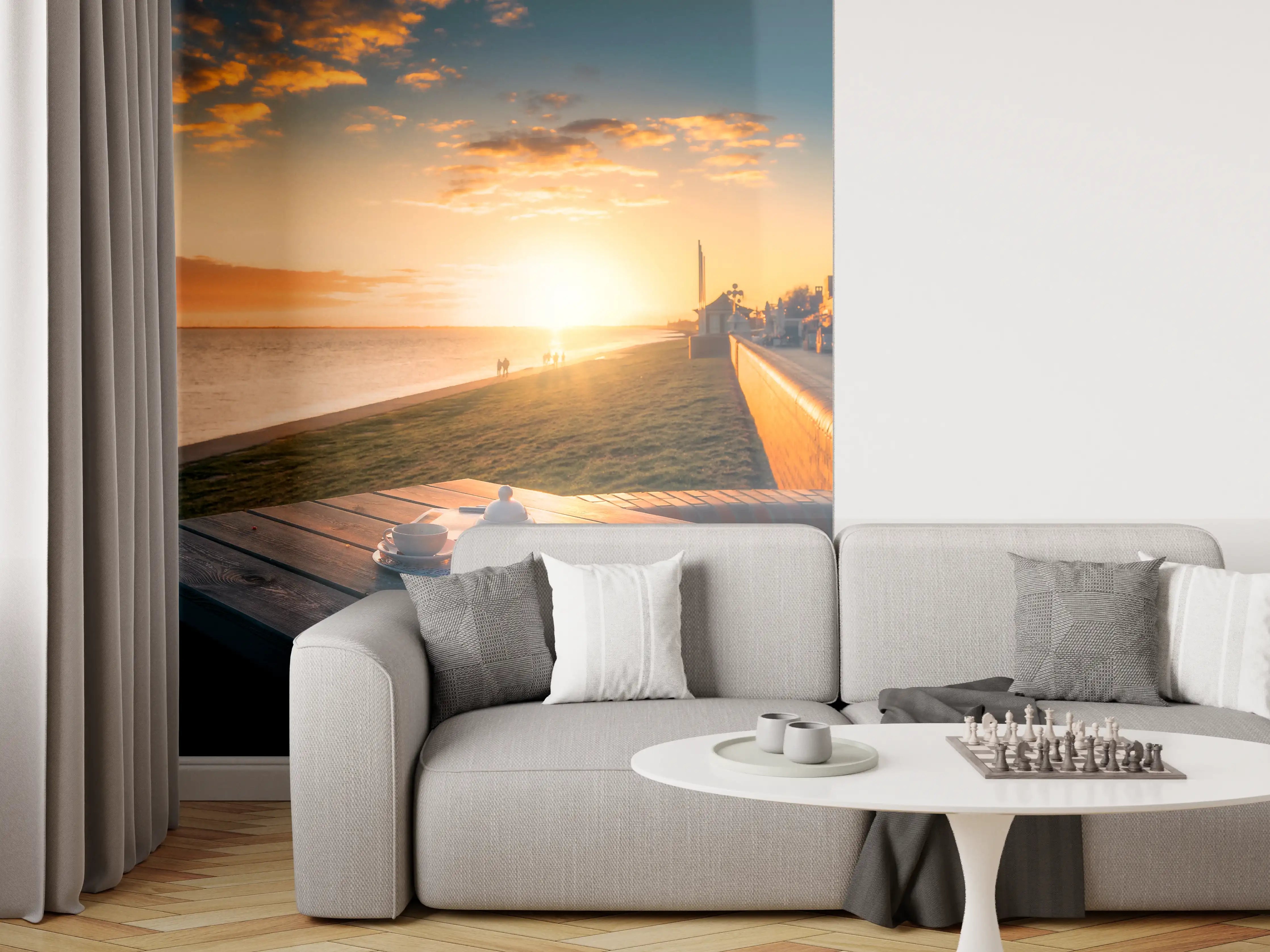 Wandverkleidung Wohnzimmer - Abendliche Sonnenuntergangsstimmung am Wasser