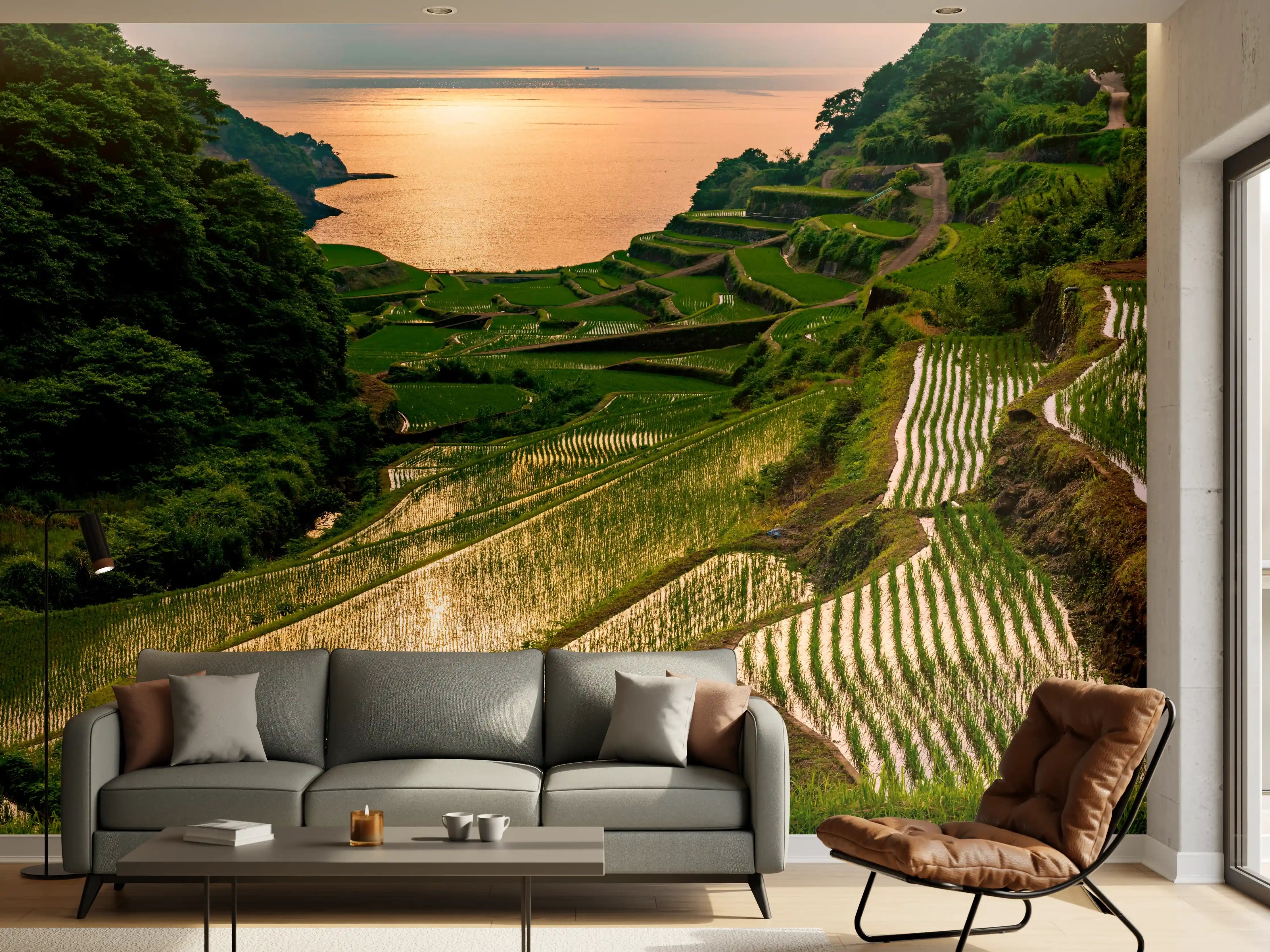 Wandverkleidung Wohnzimmer - Abendlicher Blick japanische Berglandschaft
