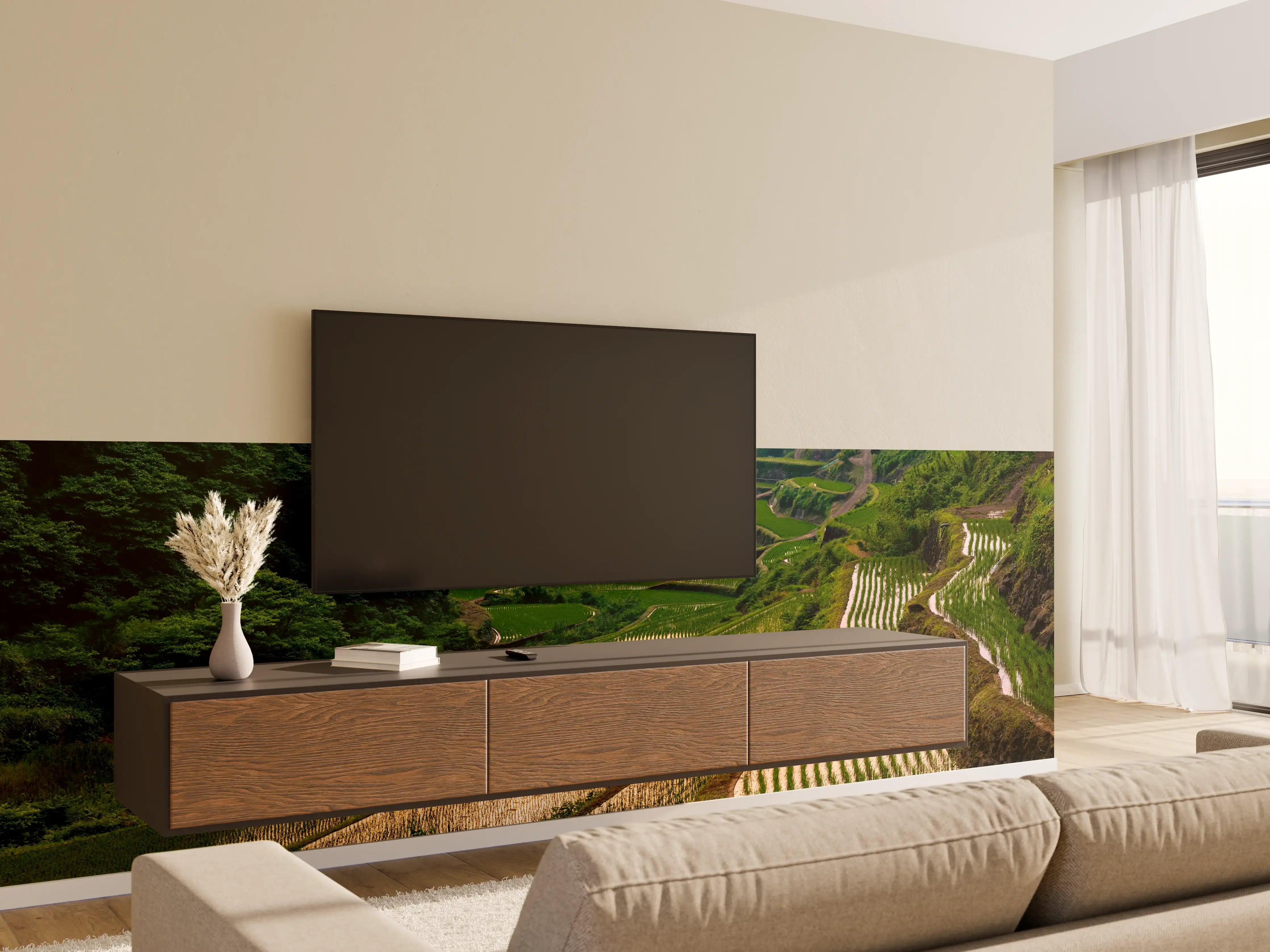 Wandverkleidung Wohnzimmer - Abendlicher Blick japanische Berglandschaft