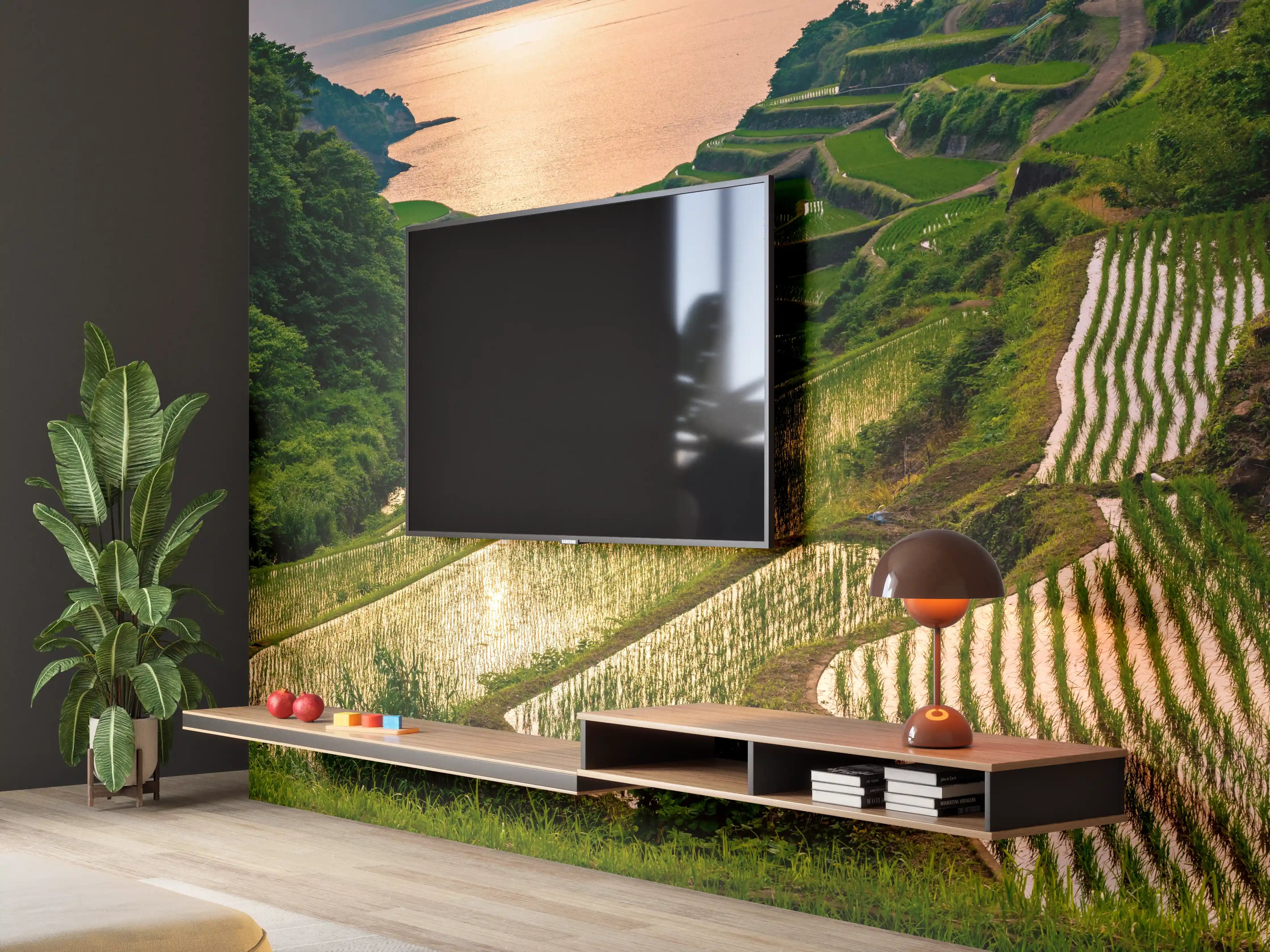 Wandverkleidung Wohnzimmer - Abendlicher Blick japanische Berglandschaft