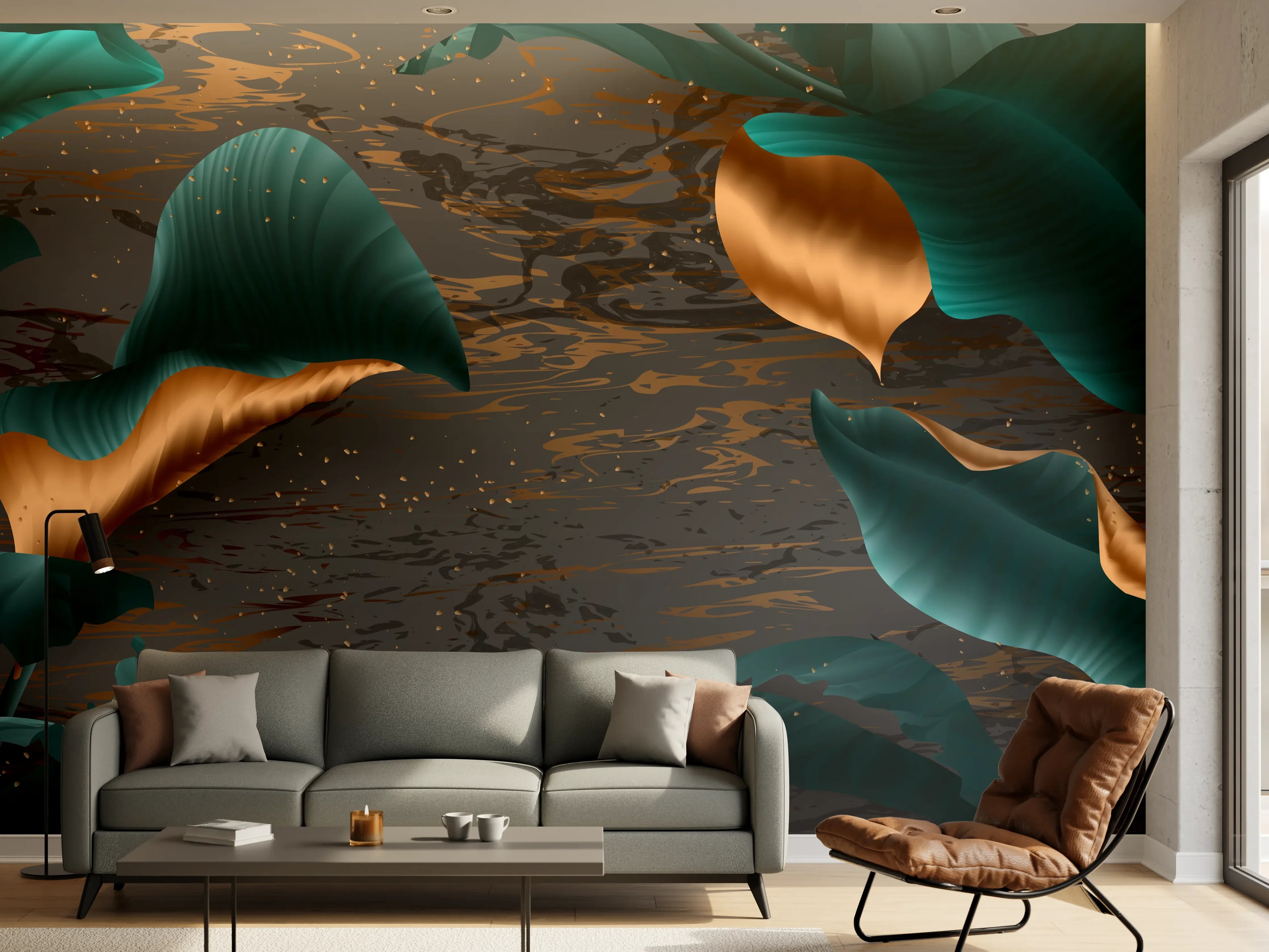 Wandverkleidung Wohnzimmer - Abendlicher Dschungel Goldakzent