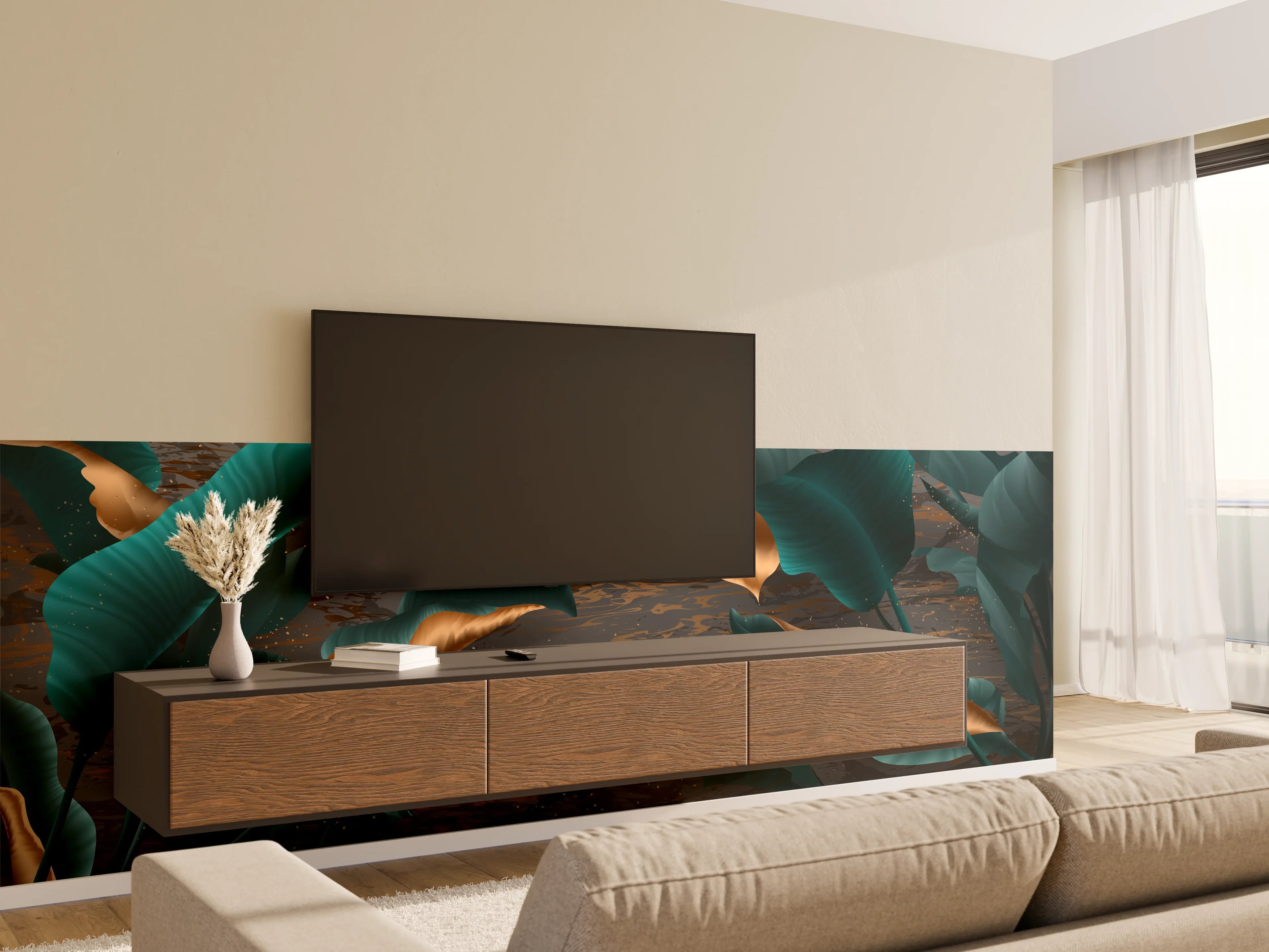 Wandverkleidung Wohnzimmer - Abendlicher Dschungel Goldakzent