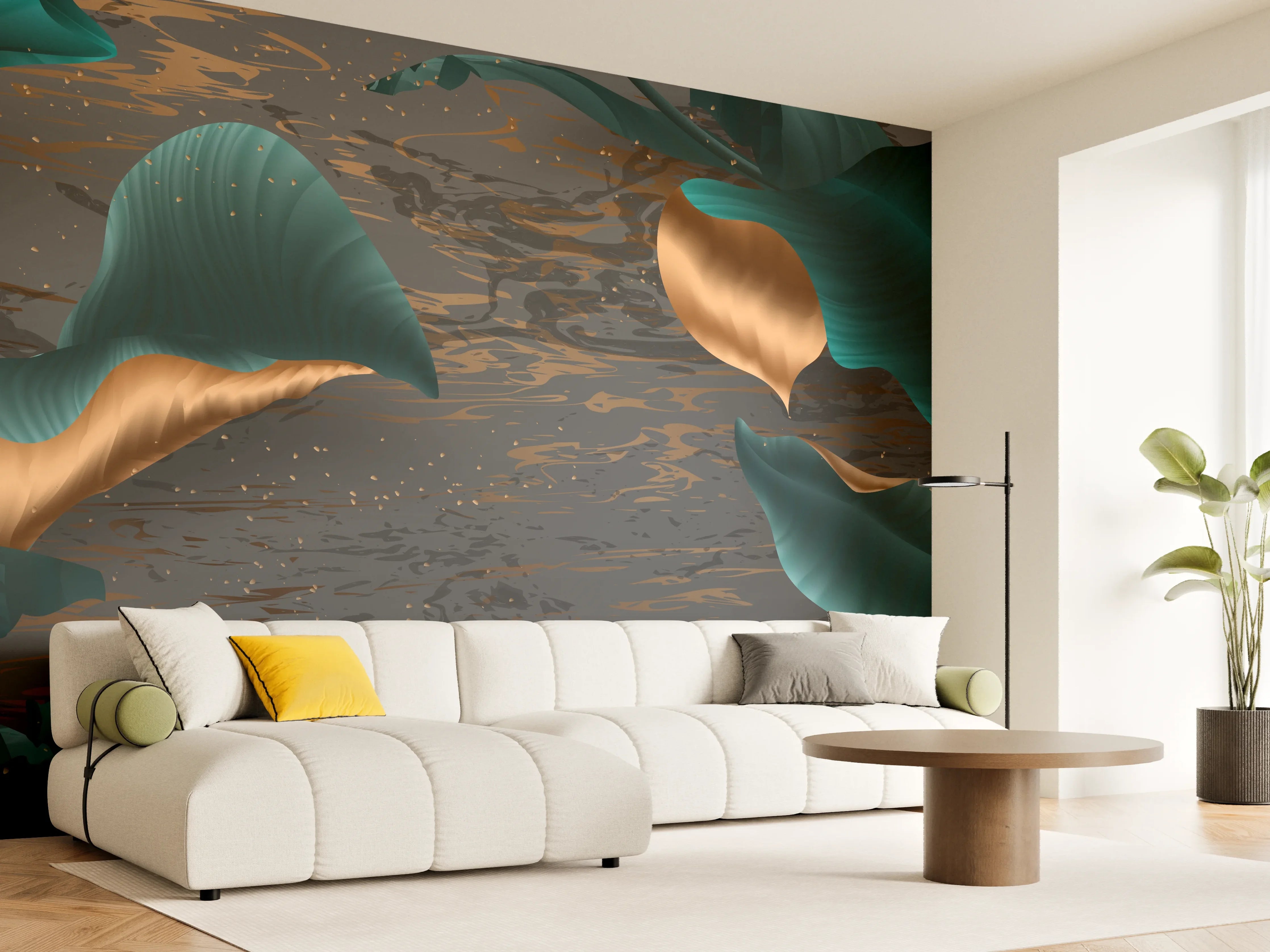 Wandverkleidung Wohnzimmer - Abendlicher Dschungel Goldakzent