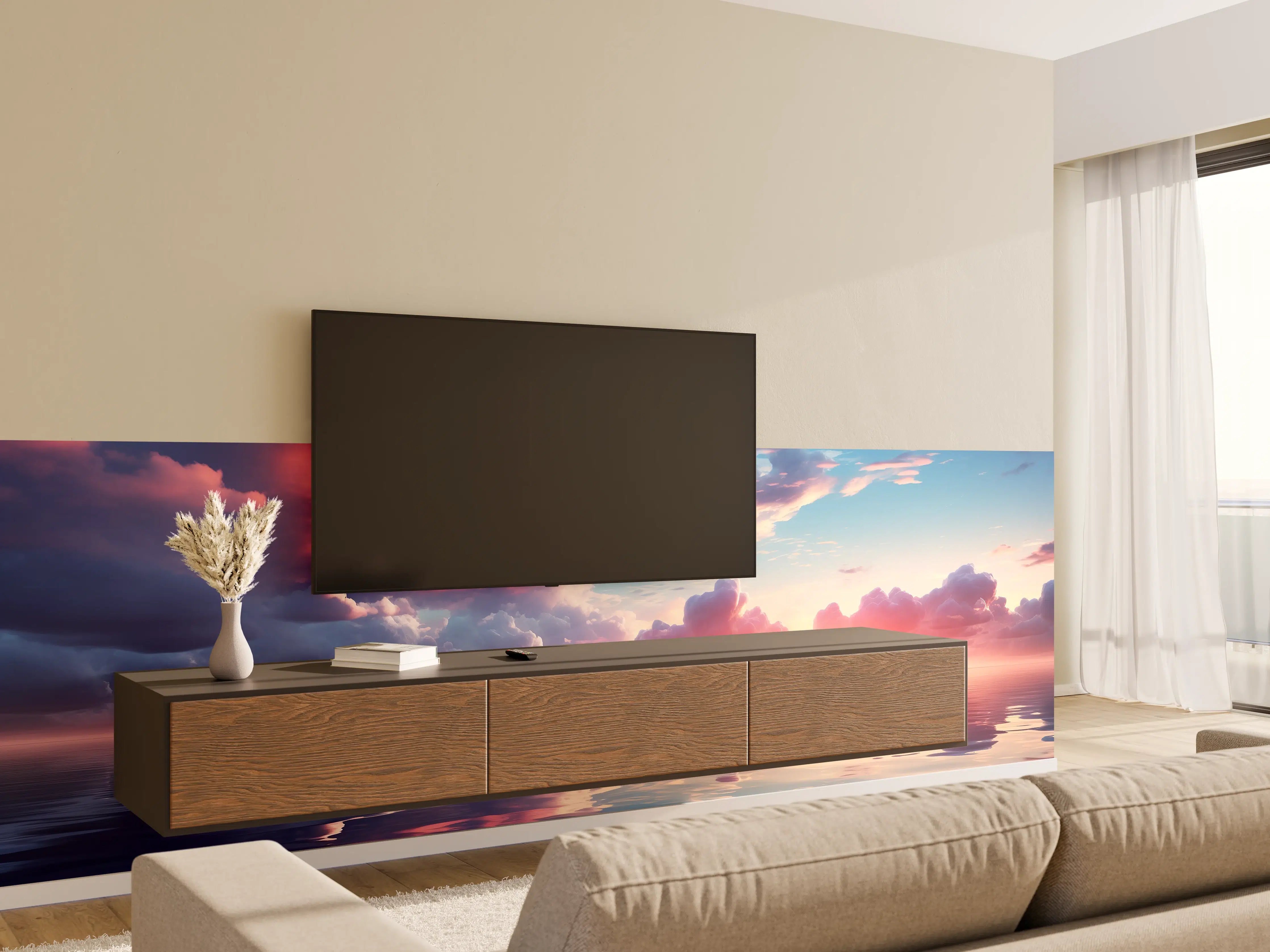 Wandverkleidung Wohnzimmer - Abendrot über stillen Wellen