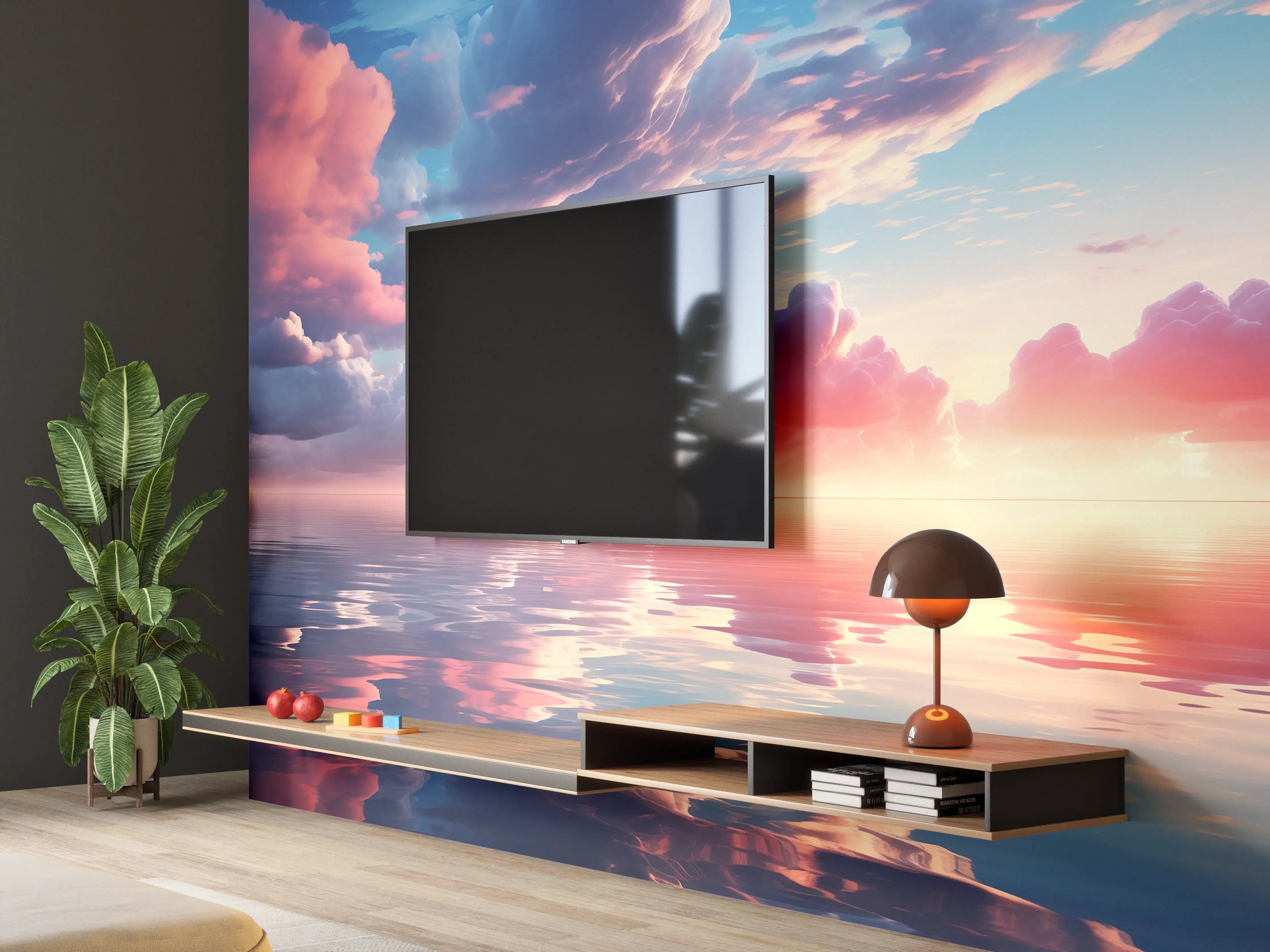 Wandverkleidung Wohnzimmer - Abendrot über stillen Wellen