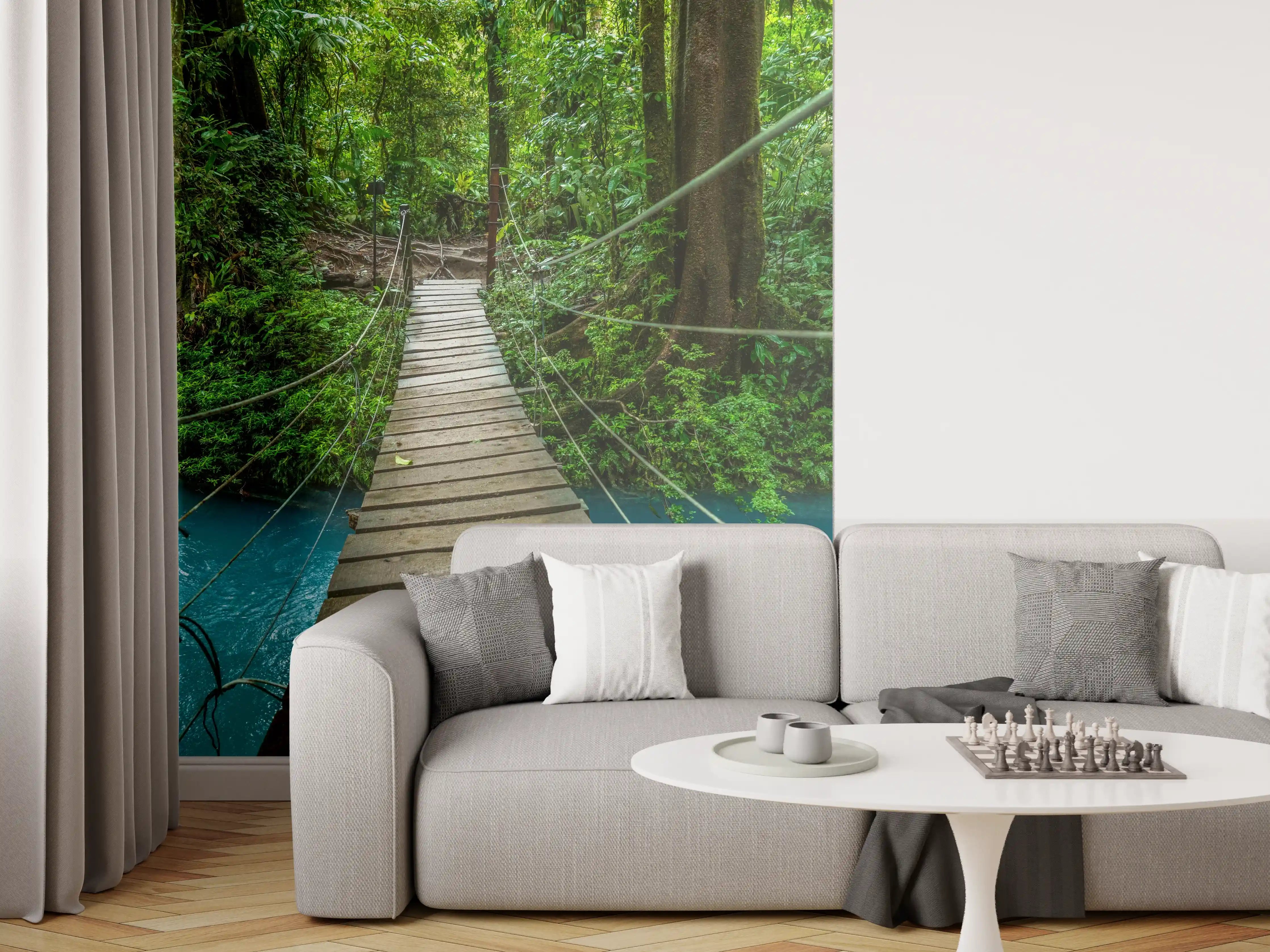 Wandverkleidung Wohnzimmer - Abenteuerliche Hängebrücke im grünen Dschungel