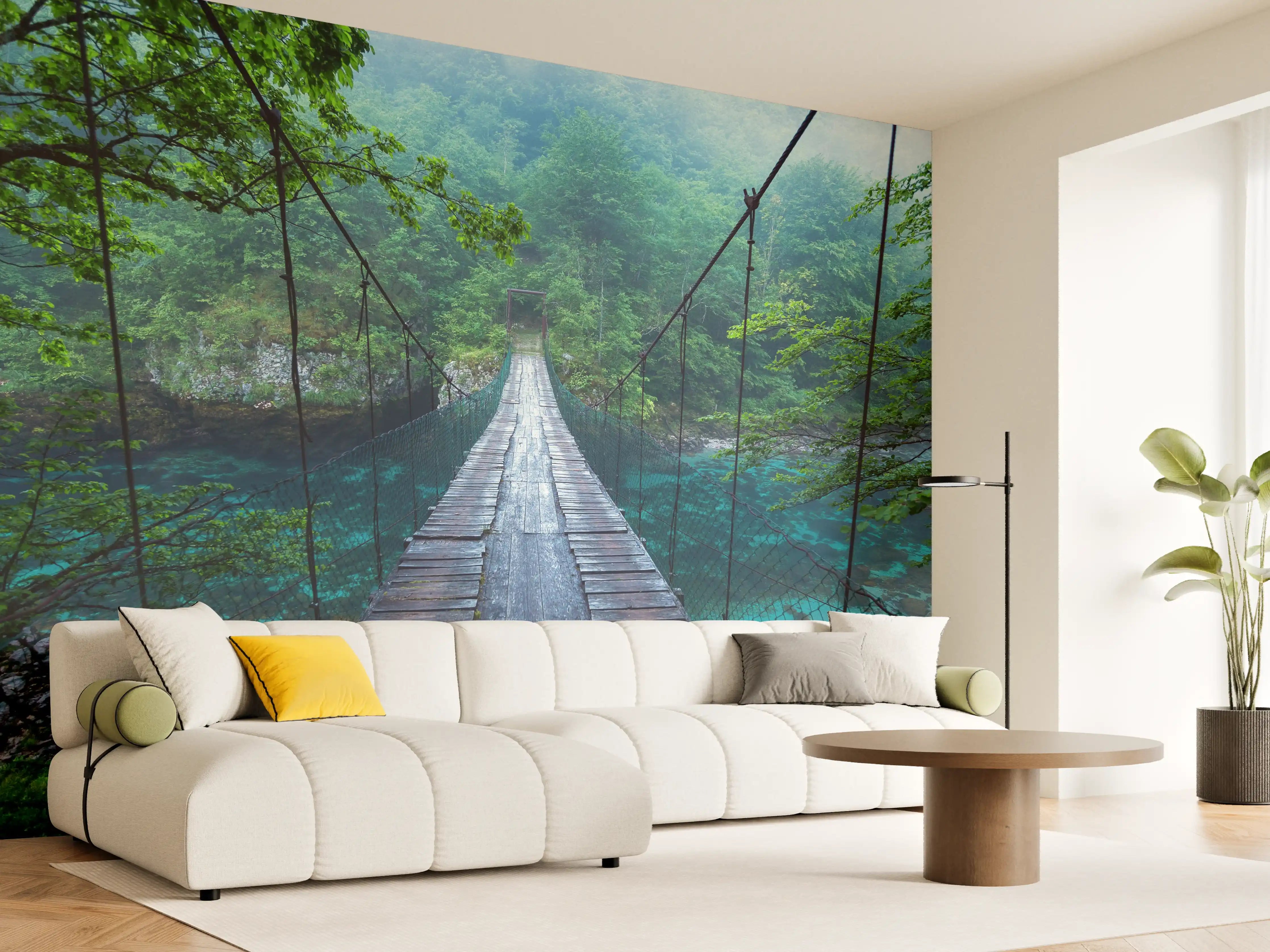 Wandverkleidung Wohnzimmer - Abenteuerliche Hängebrücke inmitten eines grünen Waldes
