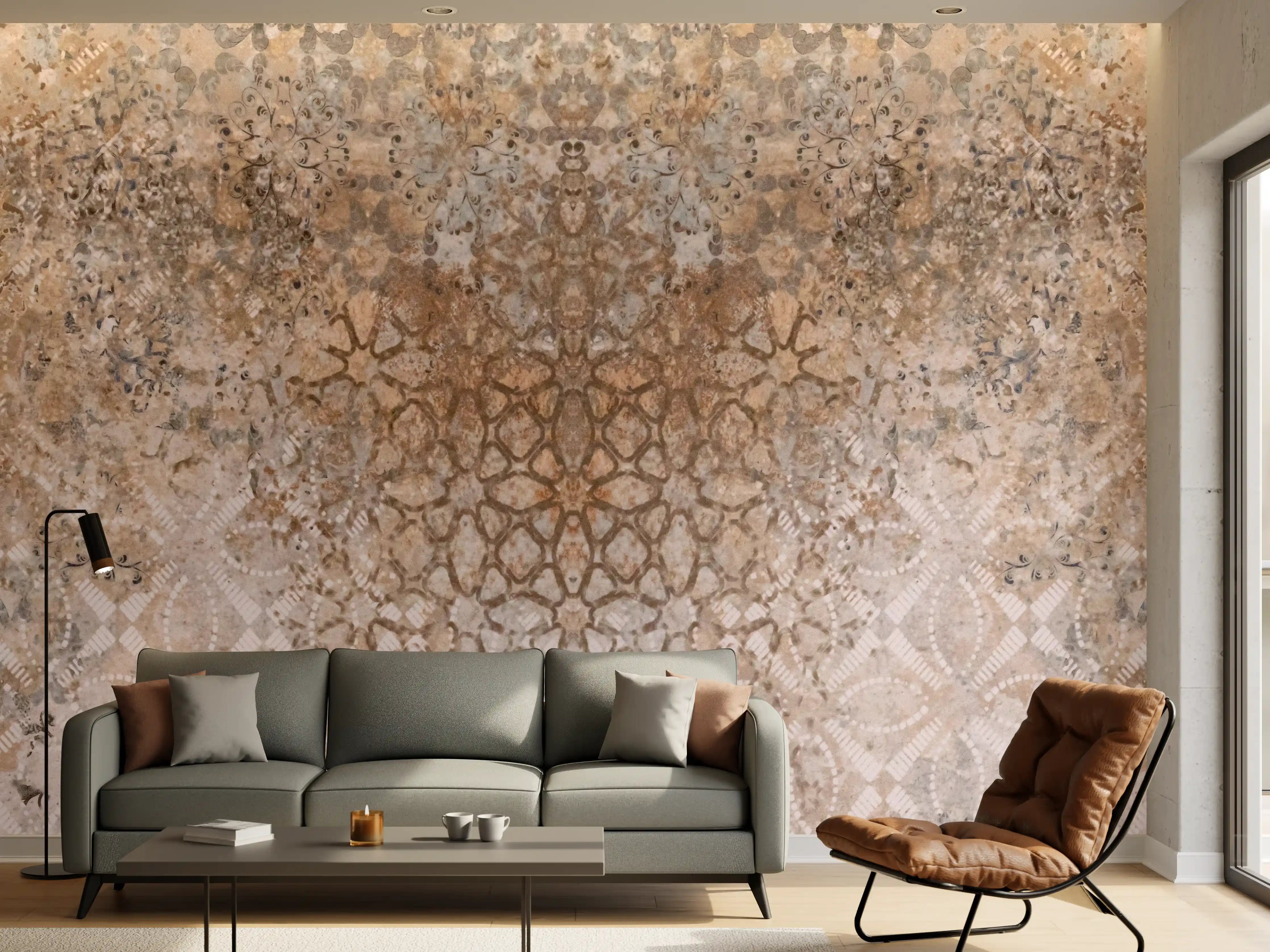 Wandverkleidung Wohnzimmer - Abgenutzte bräunliche Vintage Tapete