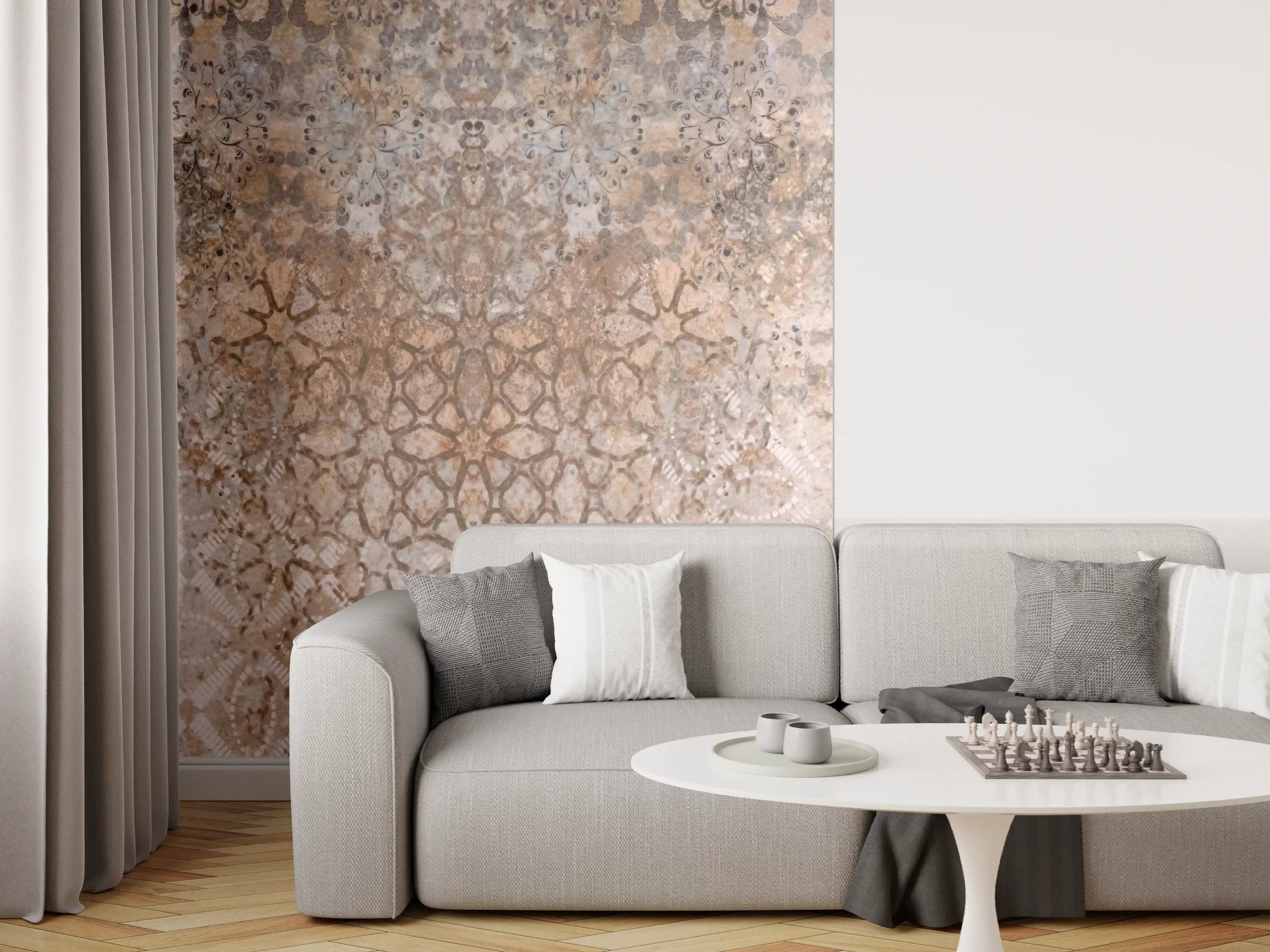 Wandverkleidung Wohnzimmer - Abgenutzte bräunliche Vintage Tapete