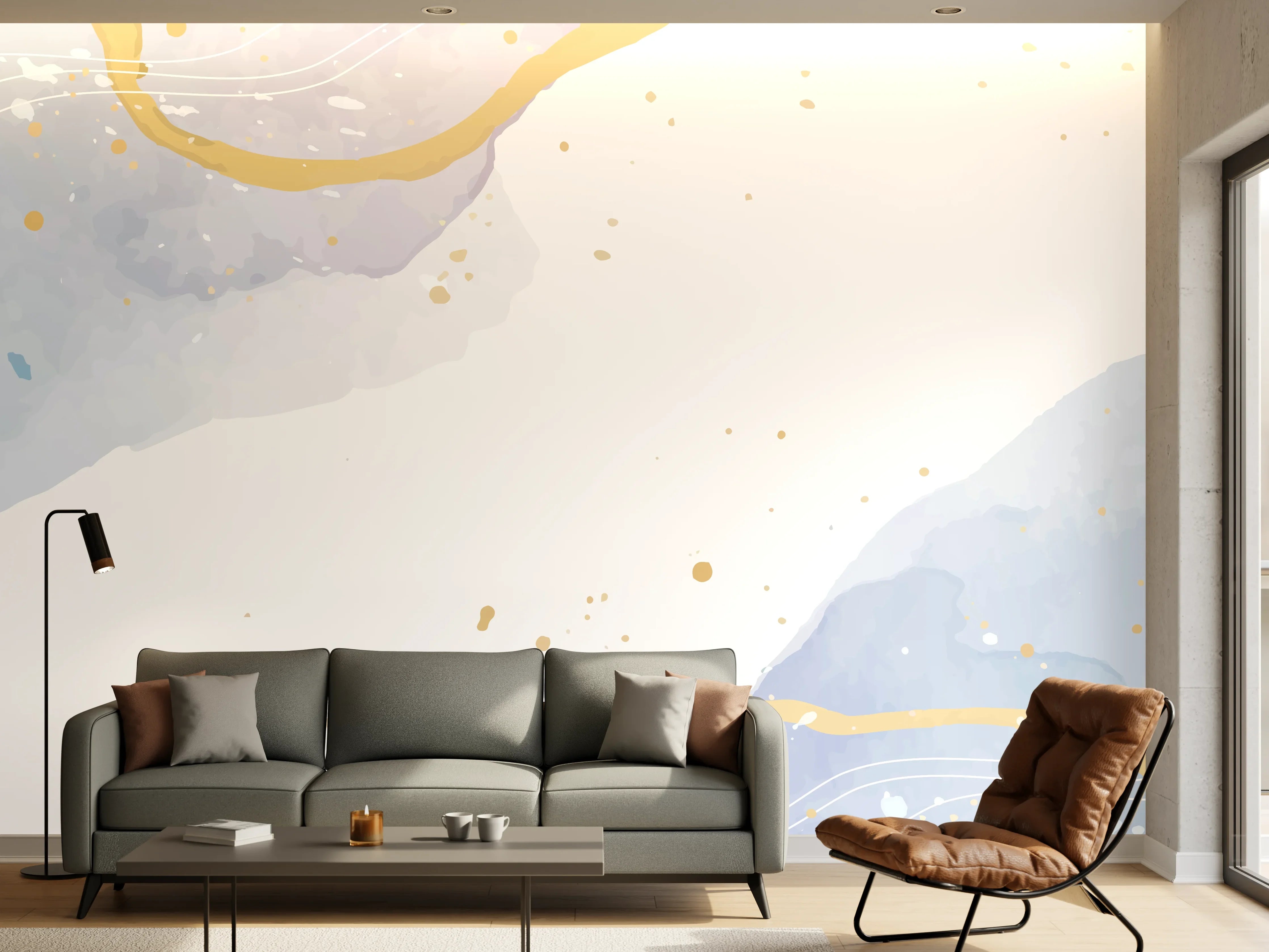 Wandverkleidung Wohnzimmer - Abstrakt Blau Gold Aquarell Design