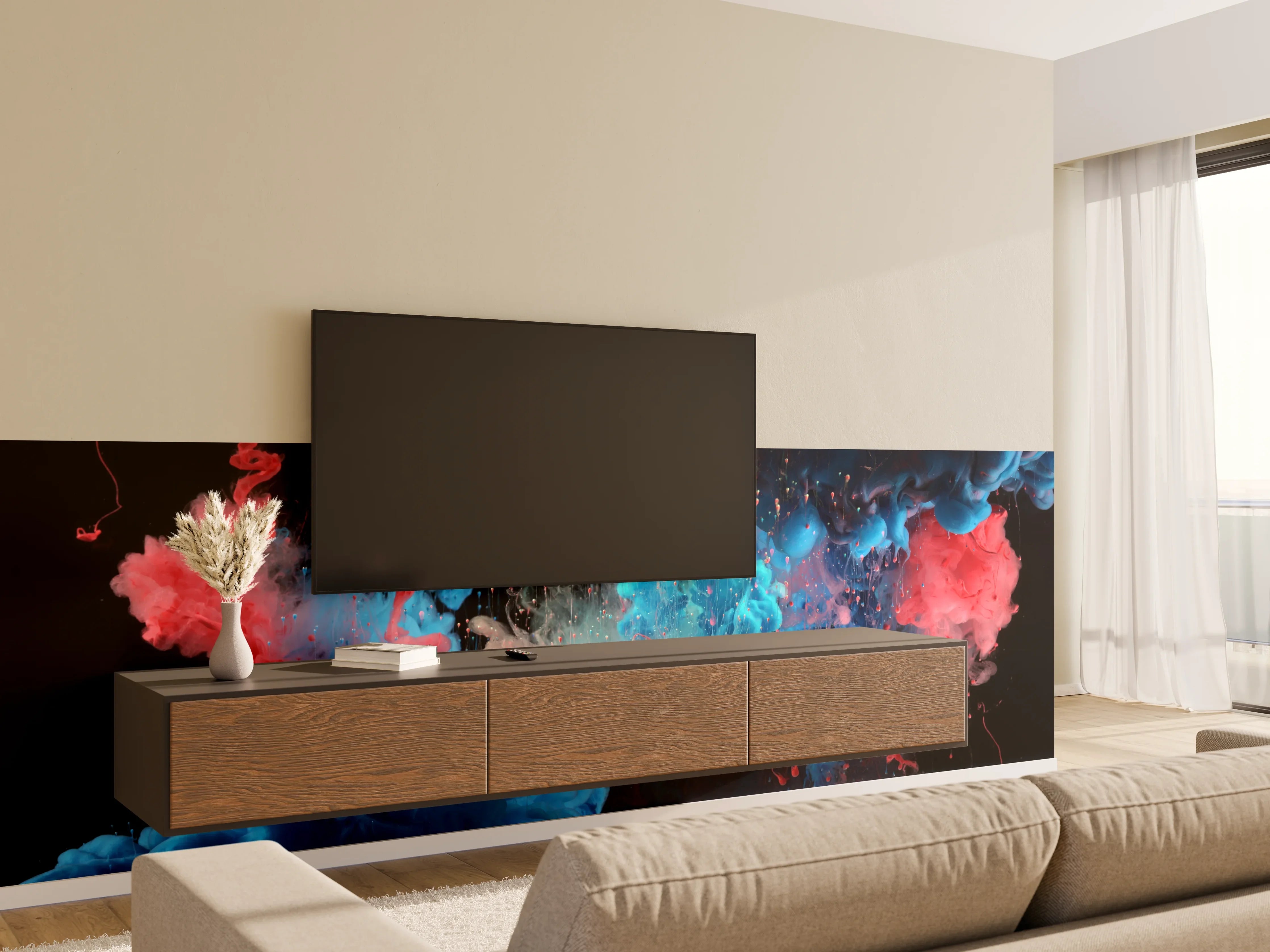 Wandverkleidung Wohnzimmer - Abstrakte Acryl-Farbexplosion