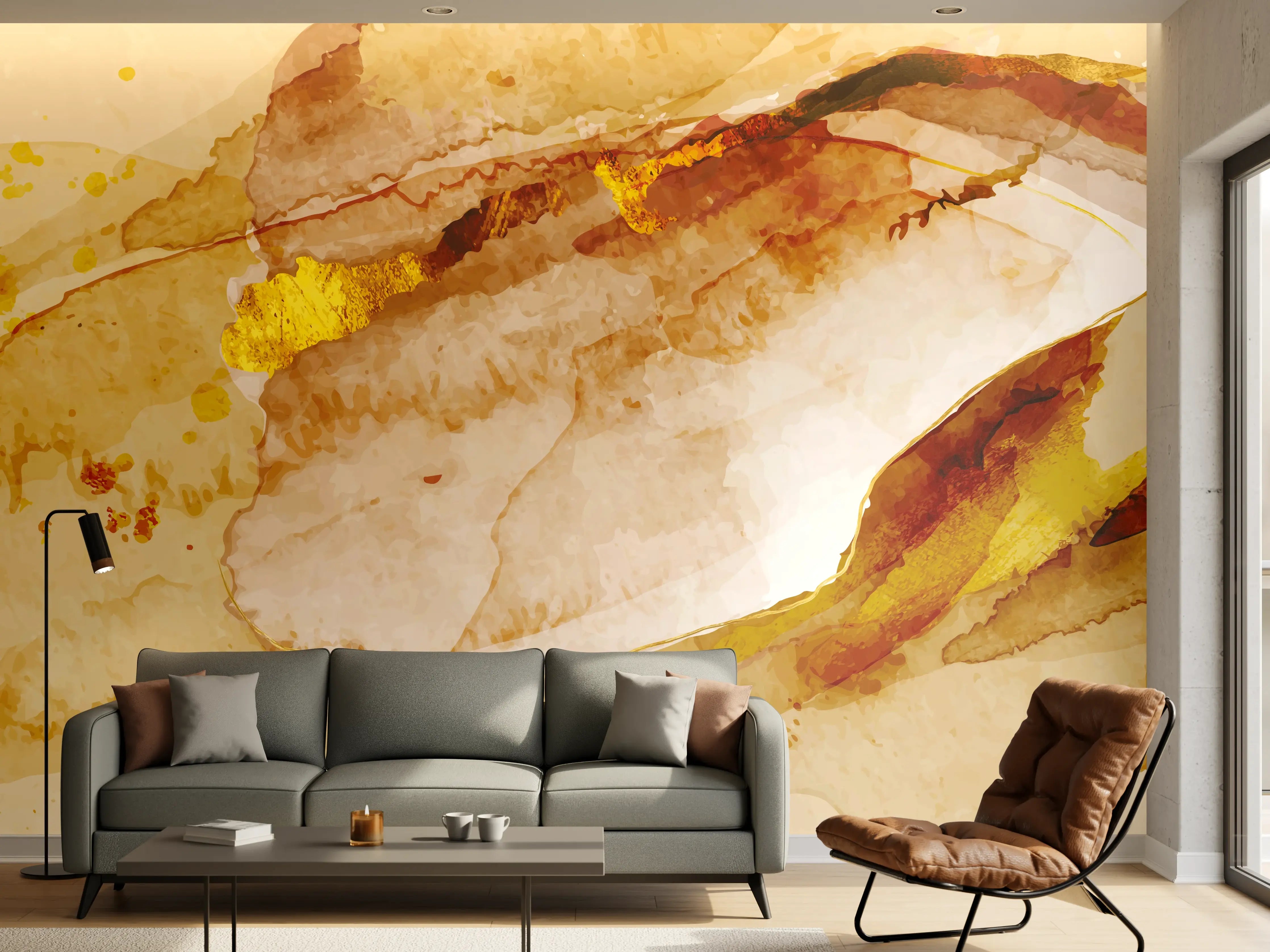 Wandverkleidung Wohnzimmer - Abstrakte Aquarell Gold-Nuancen