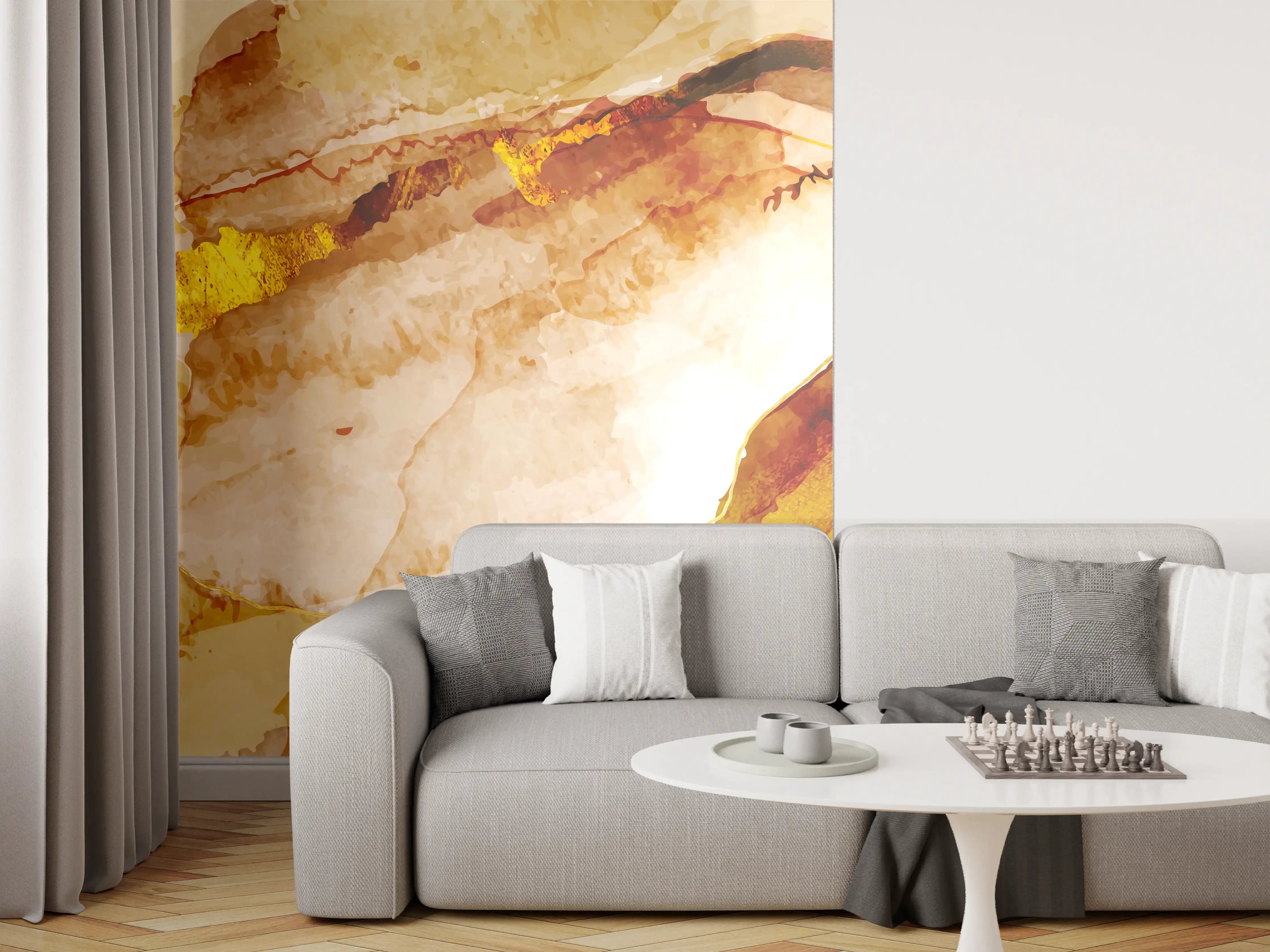 Wandverkleidung Wohnzimmer - Abstrakte Aquarell Gold-Nuancen