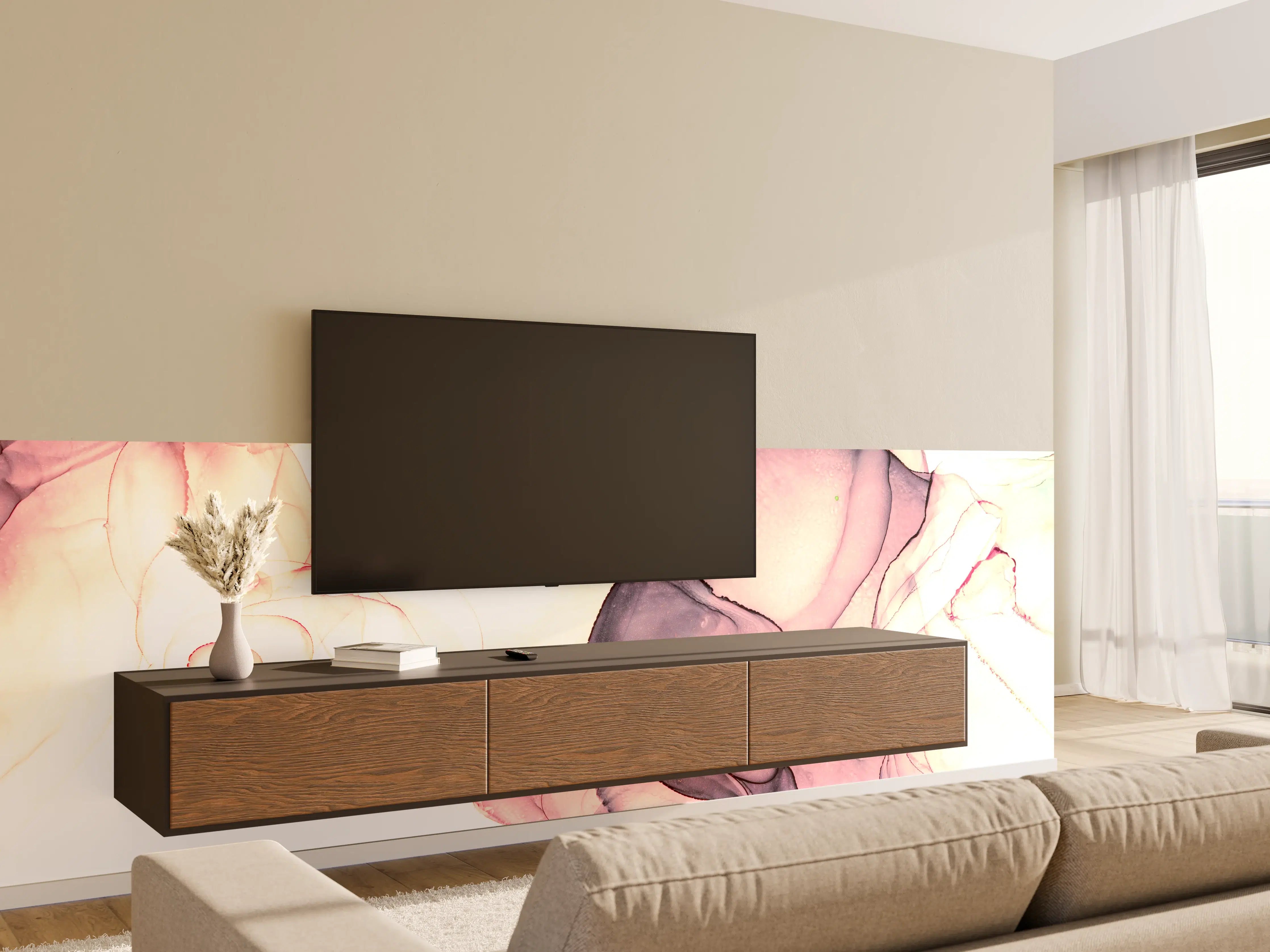 Wandverkleidung Wohnzimmer - Abstrakte Aquarellkunst in sanften Tönen