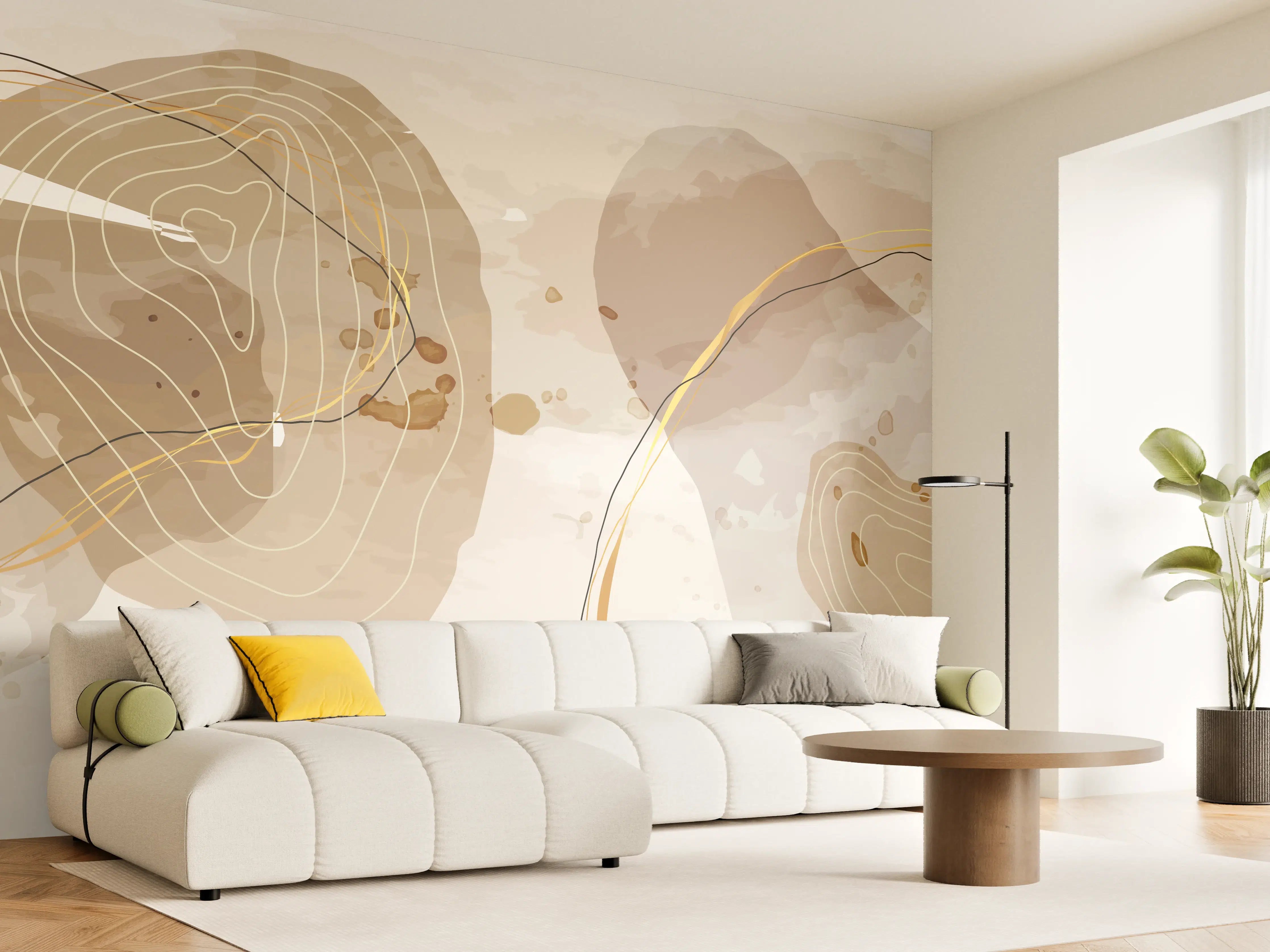 Wandverkleidung Wohnzimmer - Abstrakte Beige-Braune Linienkunst