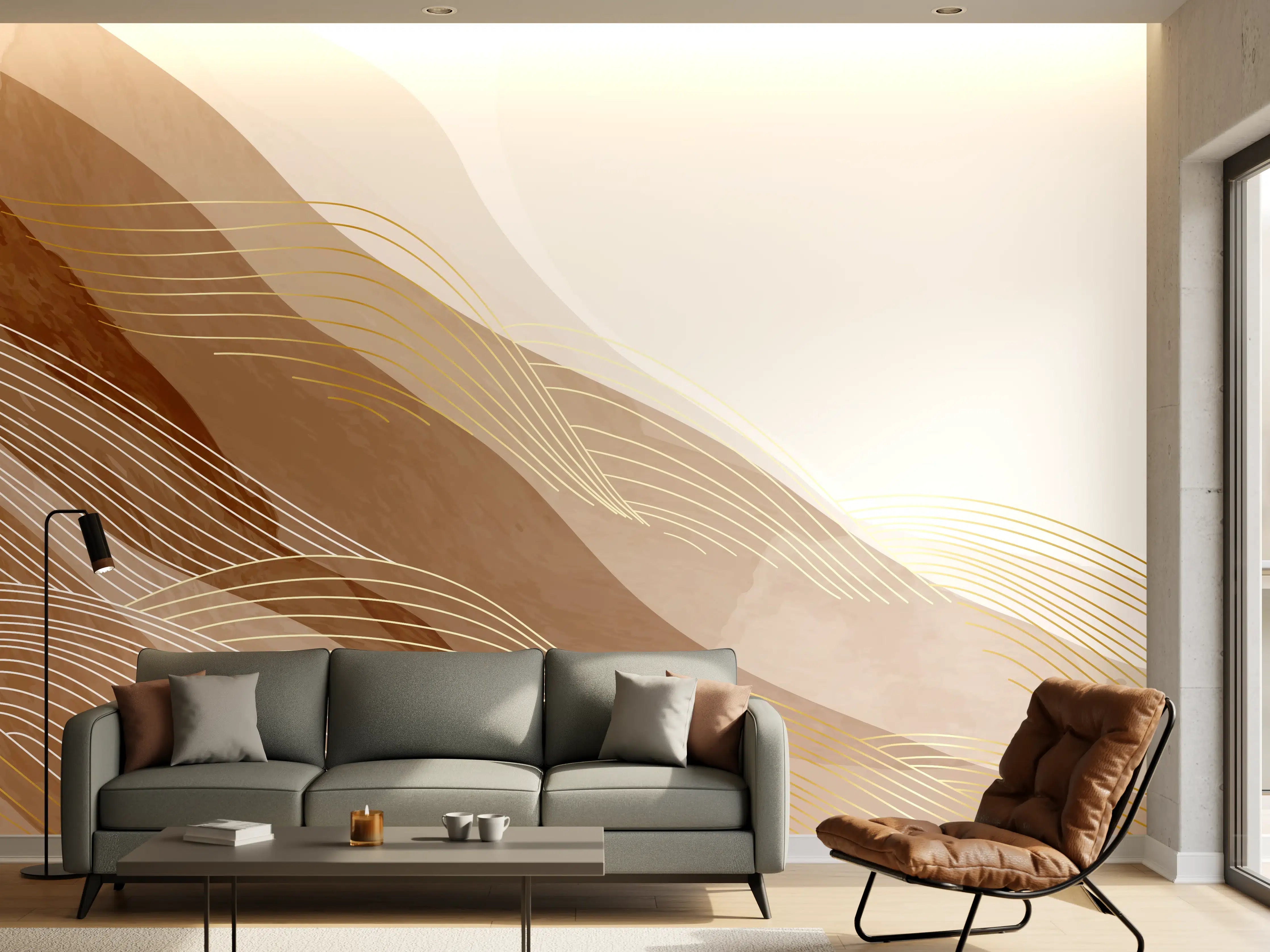 Wandverkleidung Wohnzimmer - Abstrakte Beige Linien Kunst