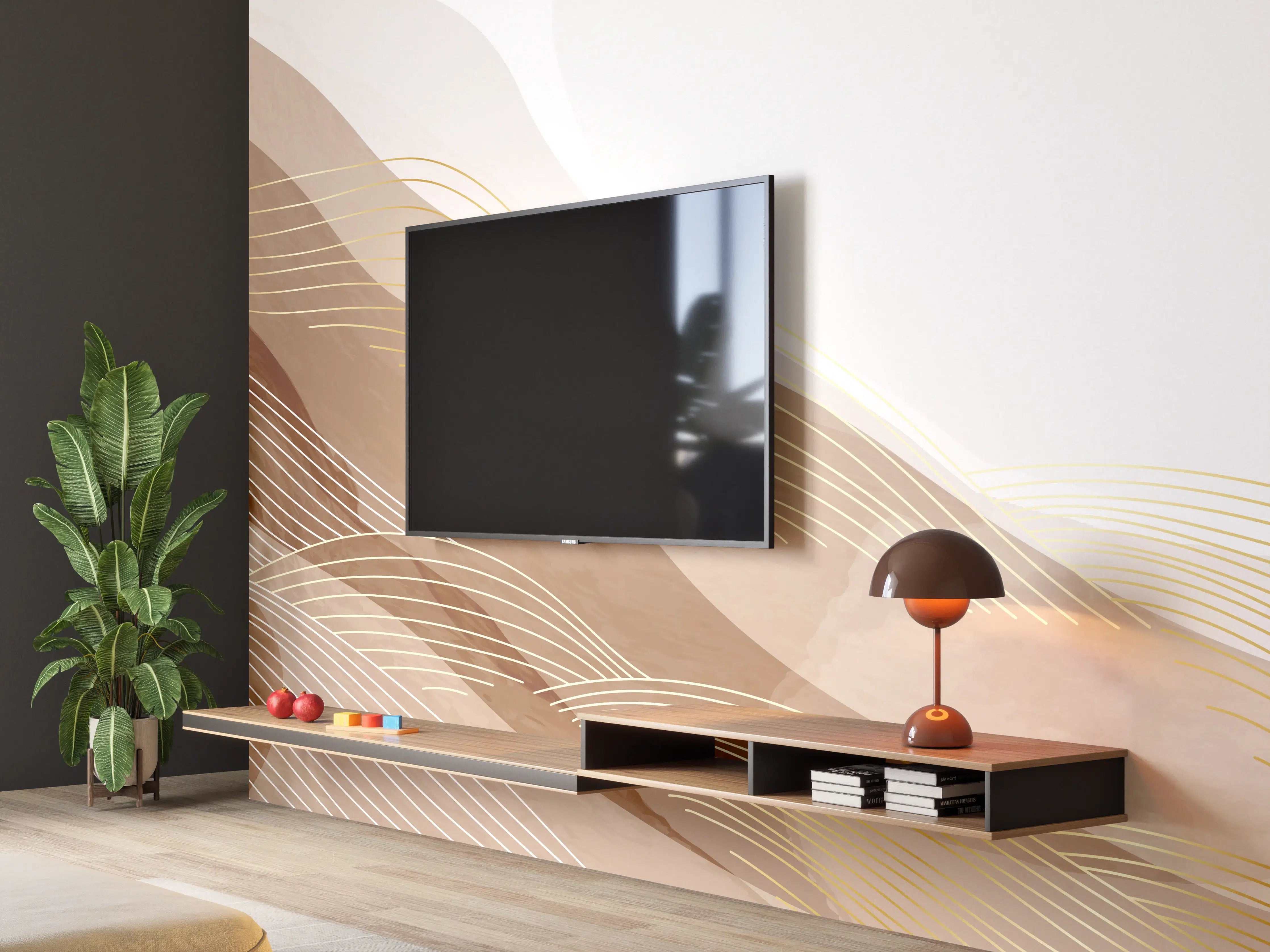Wandverkleidung Wohnzimmer - Abstrakte Beige Linien Kunst