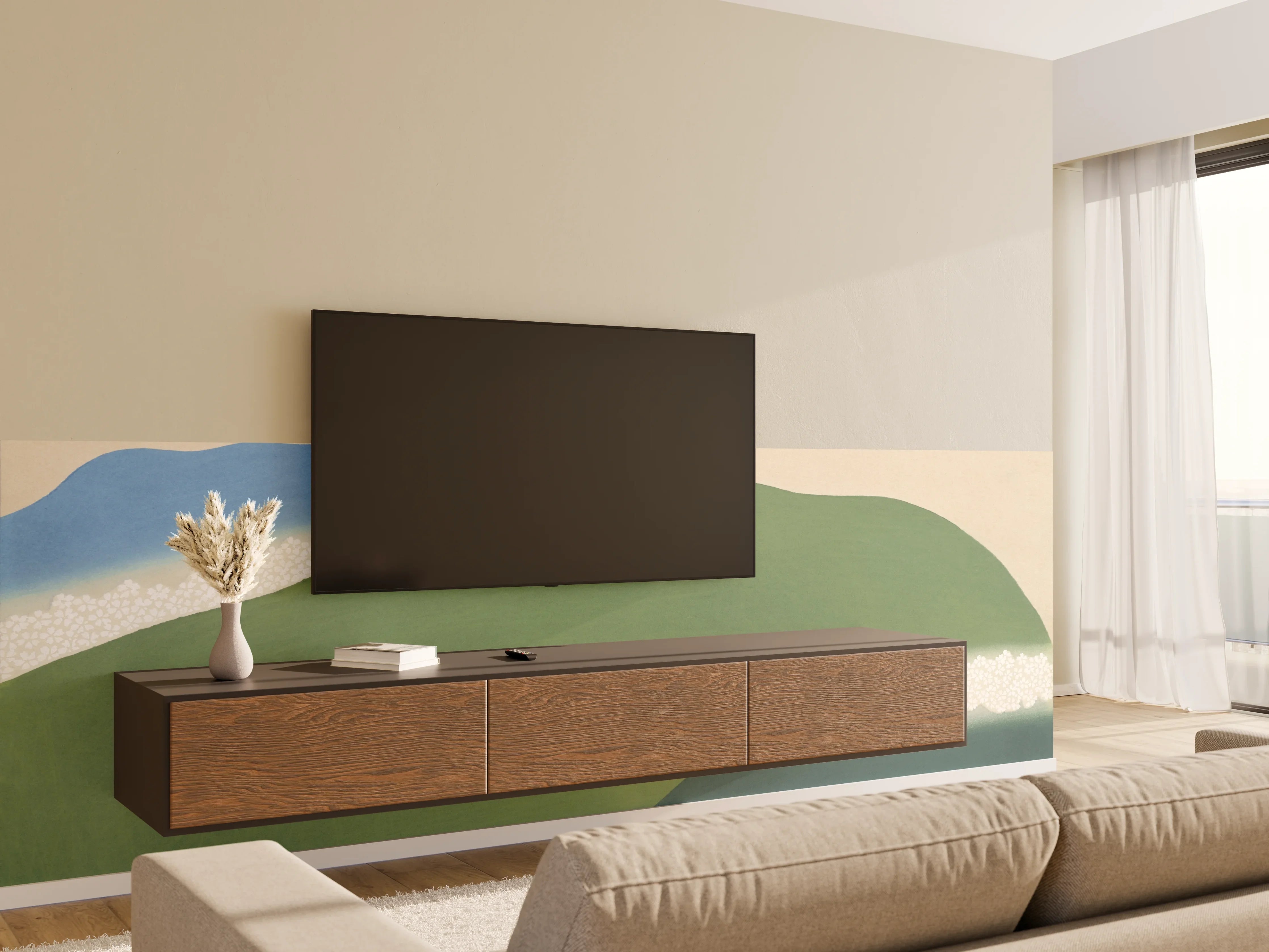 Wandverkleidung Wohnzimmer - Abstrakte Berg- und Wasserlandschaft