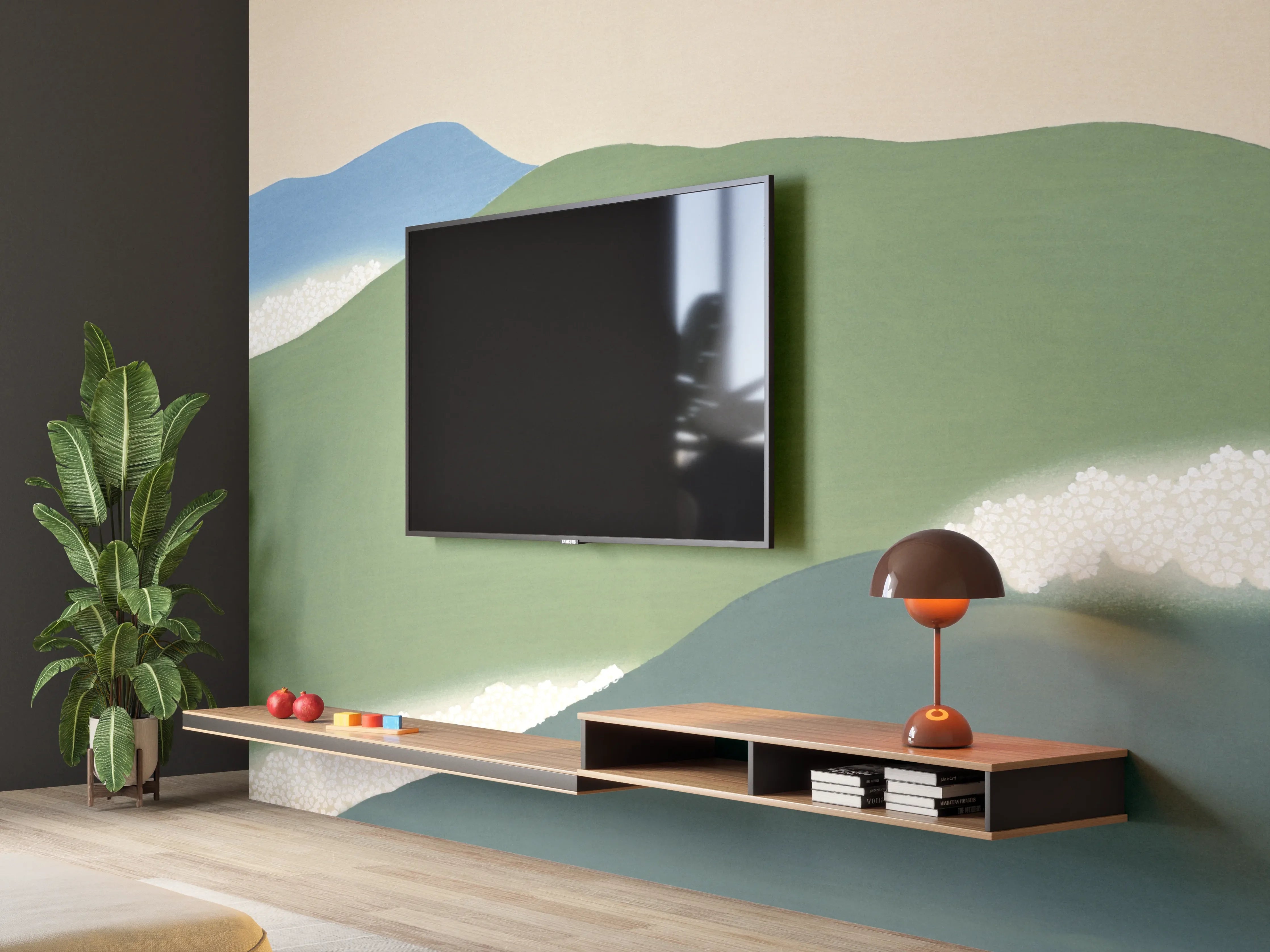 Wandverkleidung Wohnzimmer - Abstrakte Berg- und Wasserlandschaft