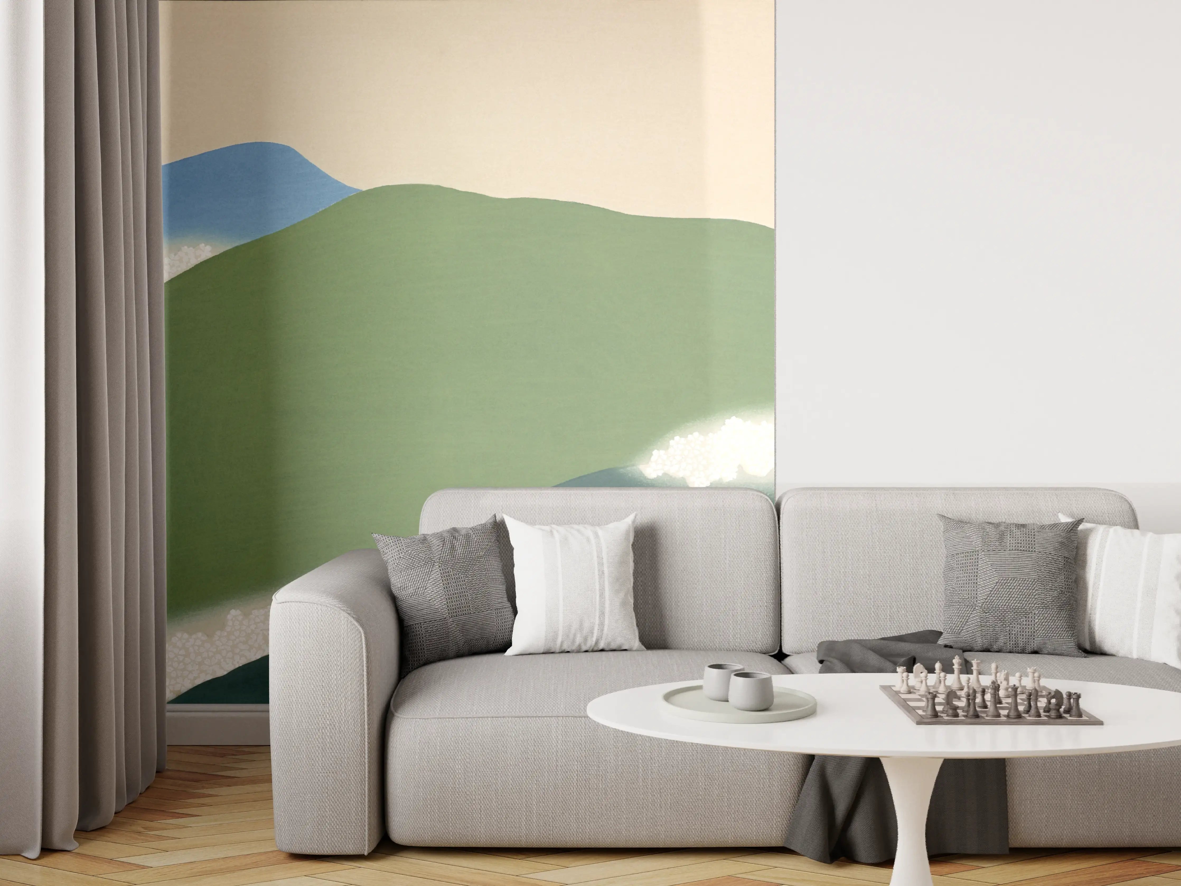 Wandverkleidung Wohnzimmer - Abstrakte Berg- und Wasserlandschaft