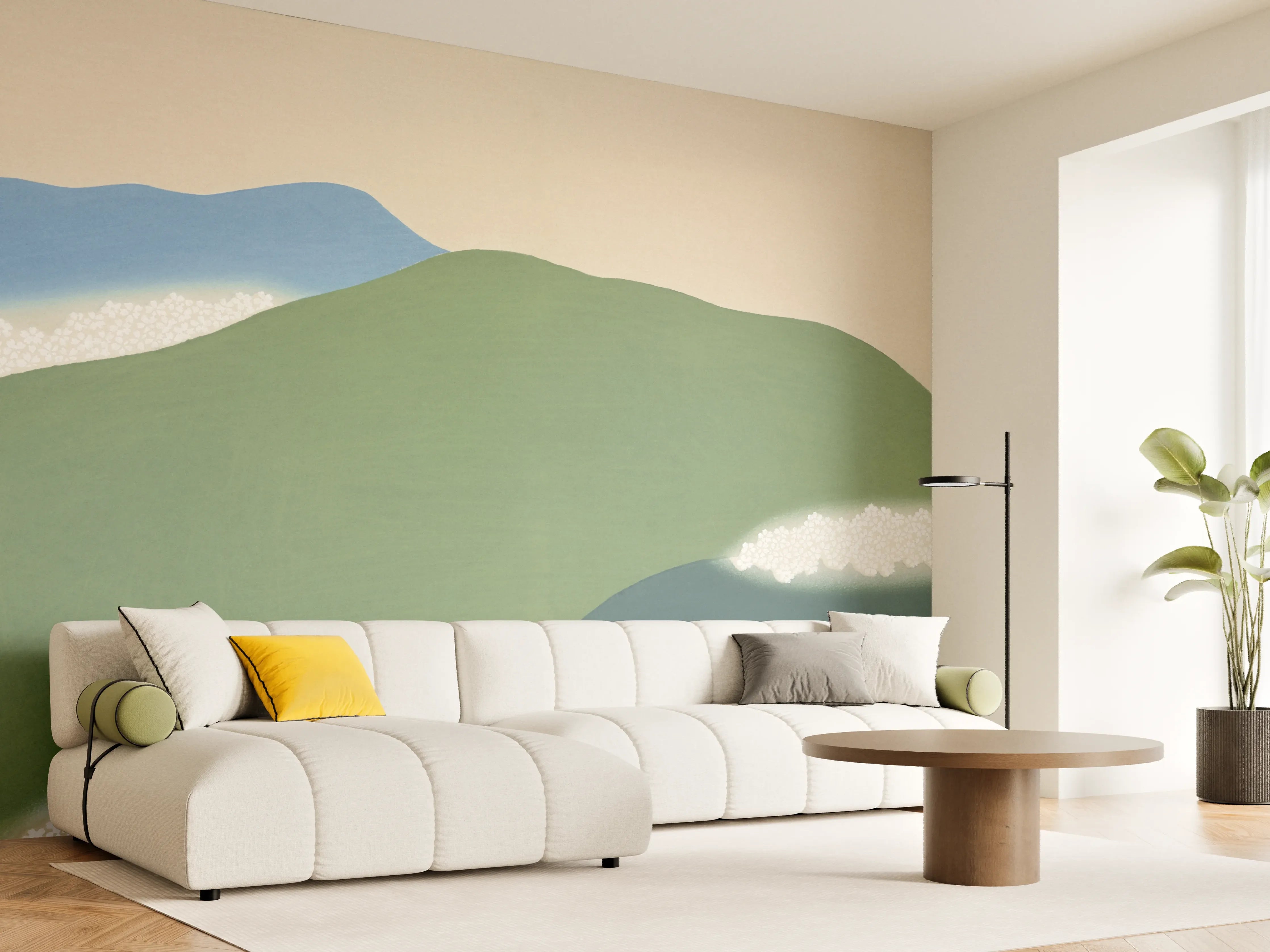 Wandverkleidung Wohnzimmer - Abstrakte Berg- und Wasserlandschaft