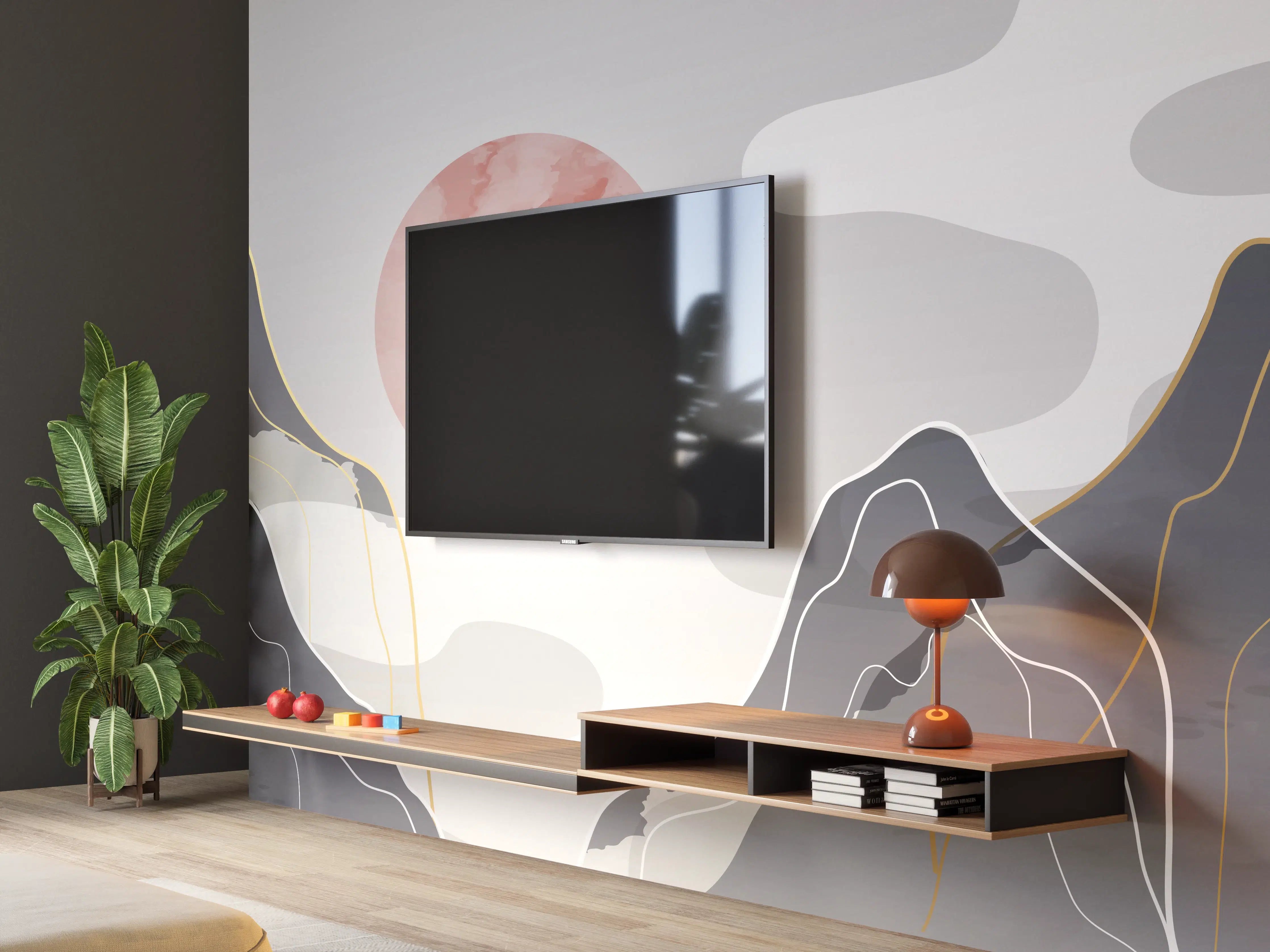 Wandverkleidung Wohnzimmer - Abstrakte Berge in Pastell