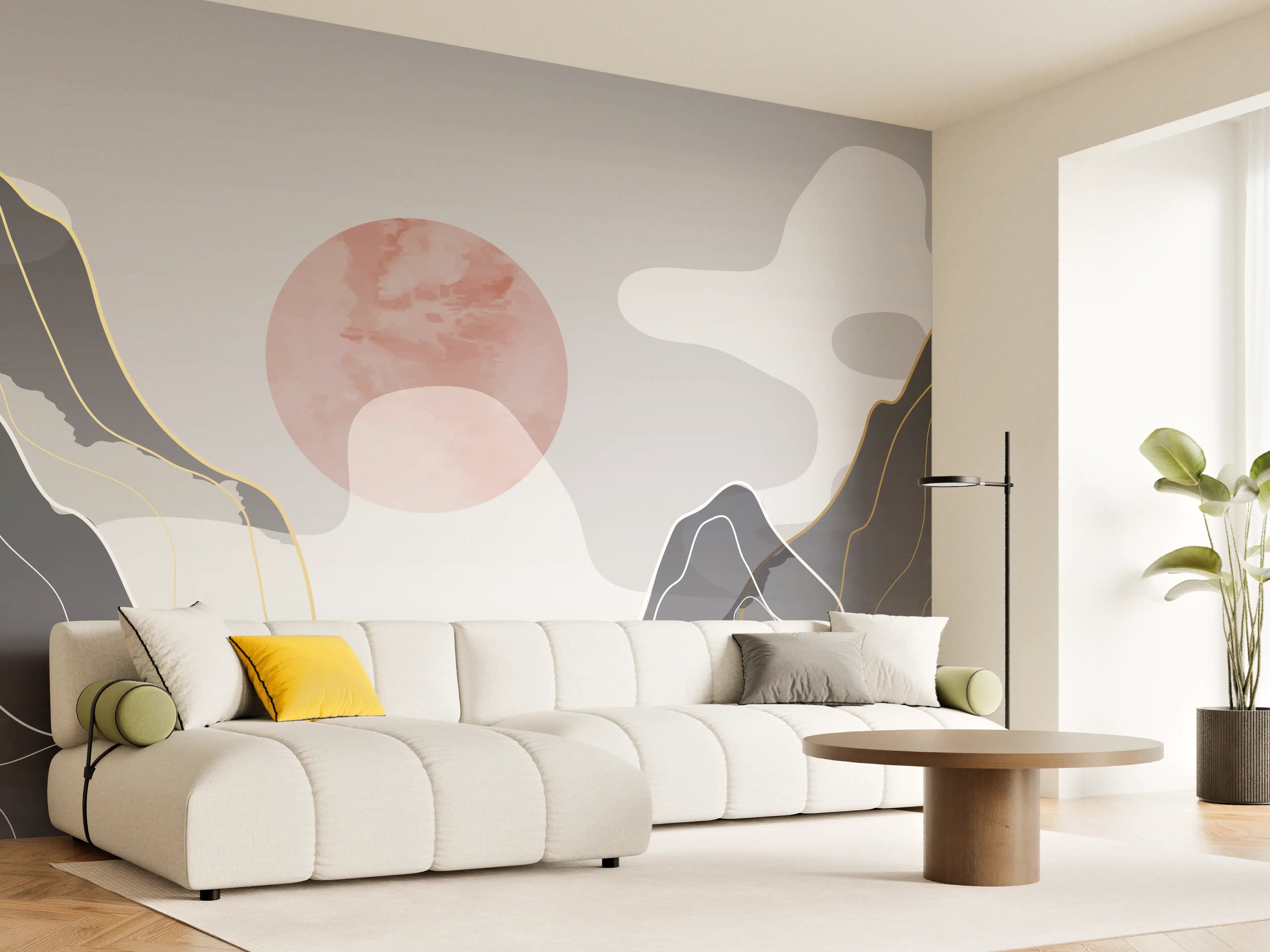 Wandverkleidung Wohnzimmer - Abstrakte Berge in Pastell