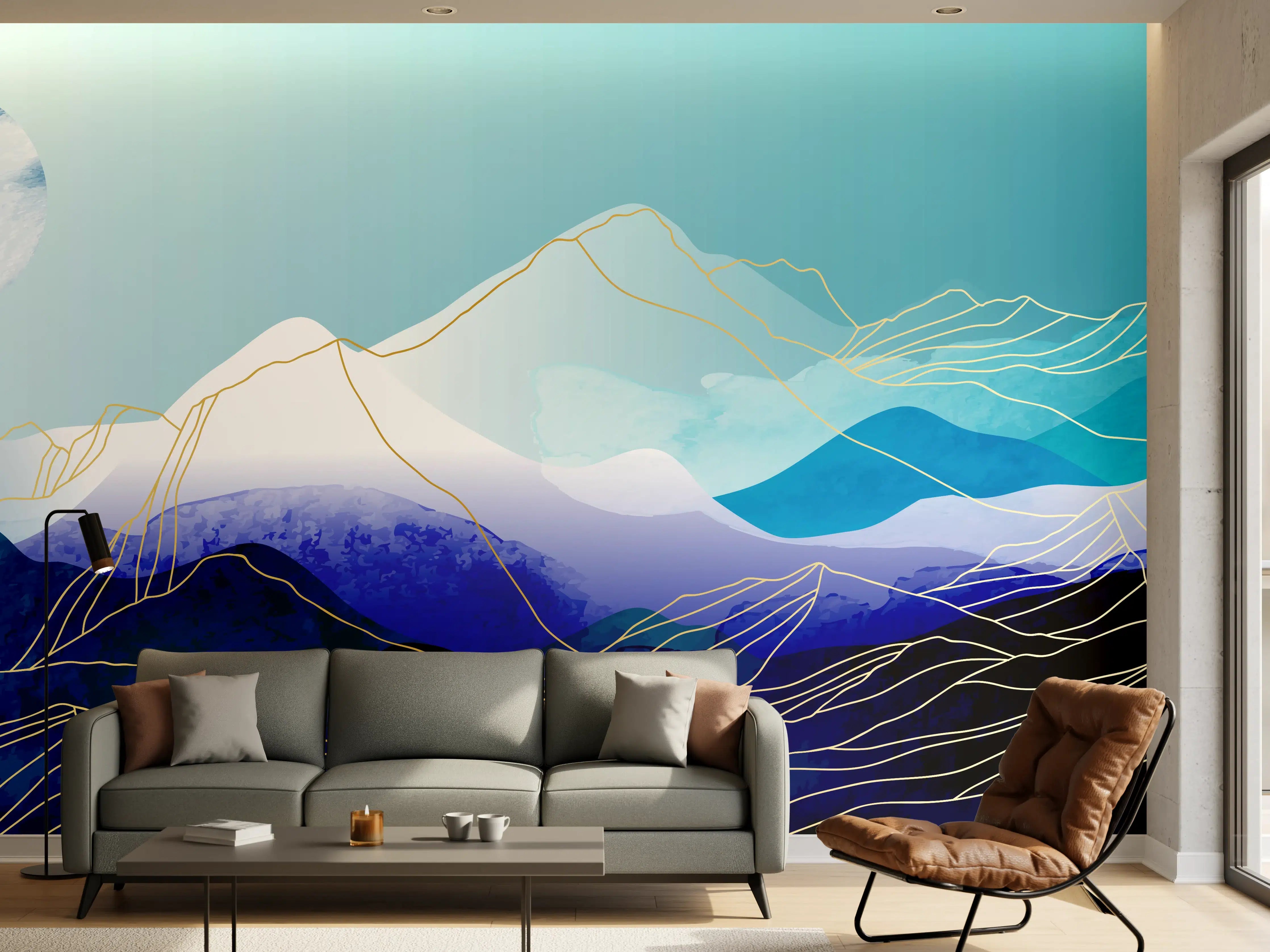 Wandverkleidung Wohnzimmer - Abstrakte Berglandschaft in Blautönen