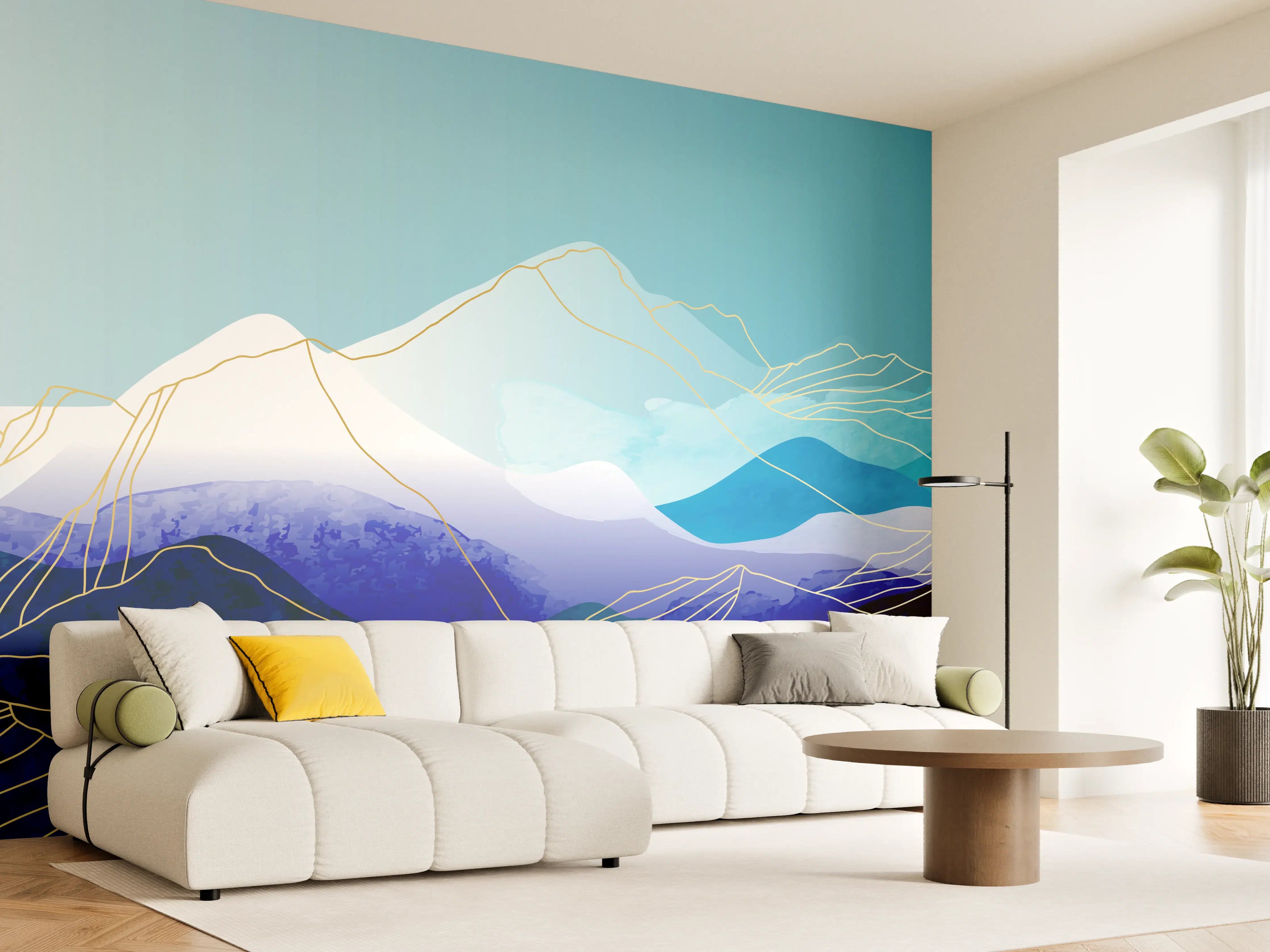 Wandverkleidung Wohnzimmer - Abstrakte Berglandschaft in Blautönen