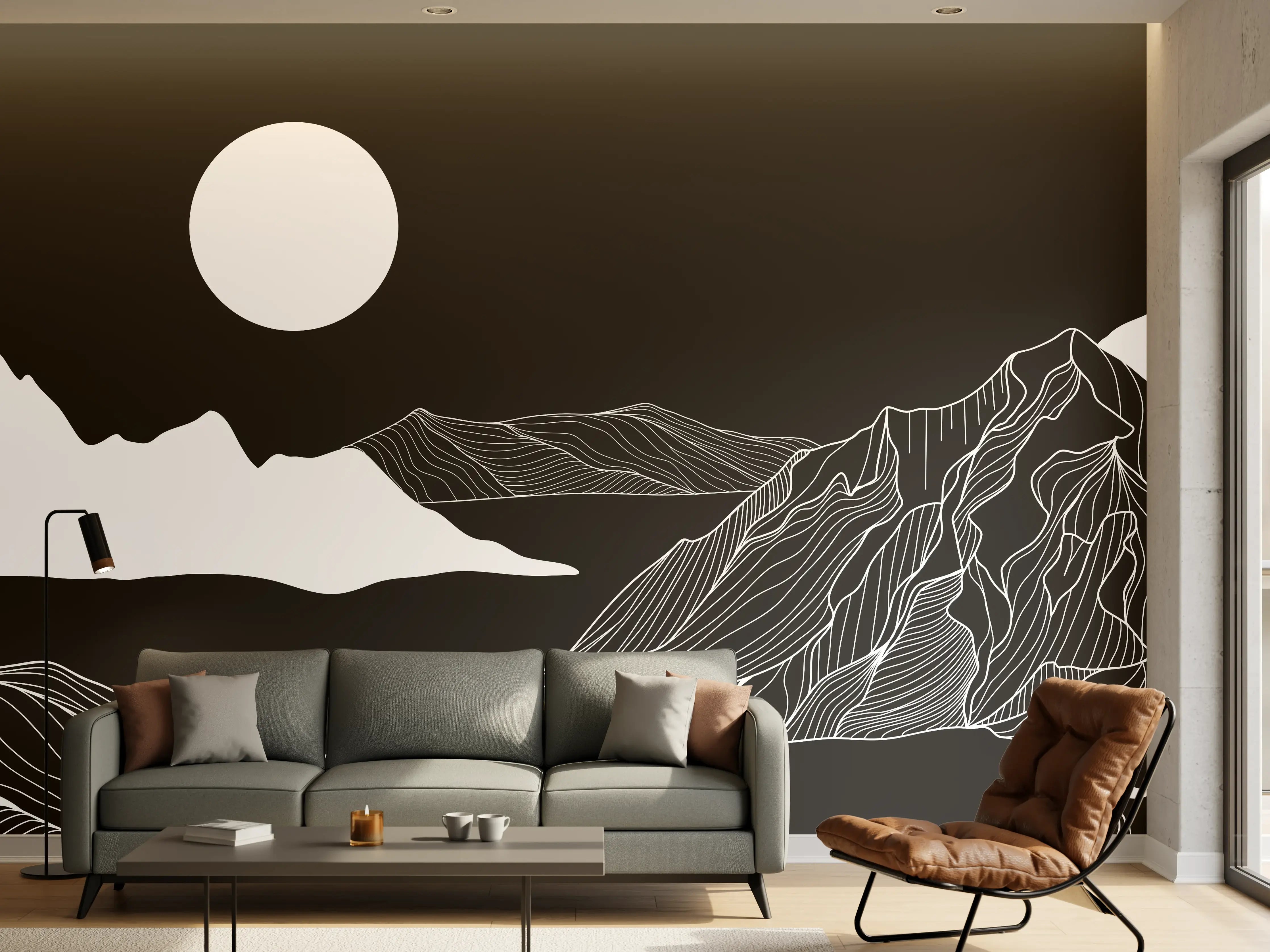 Wandverkleidung Wohnzimmer - Abstrakte Berglandschaft in Monochrom
