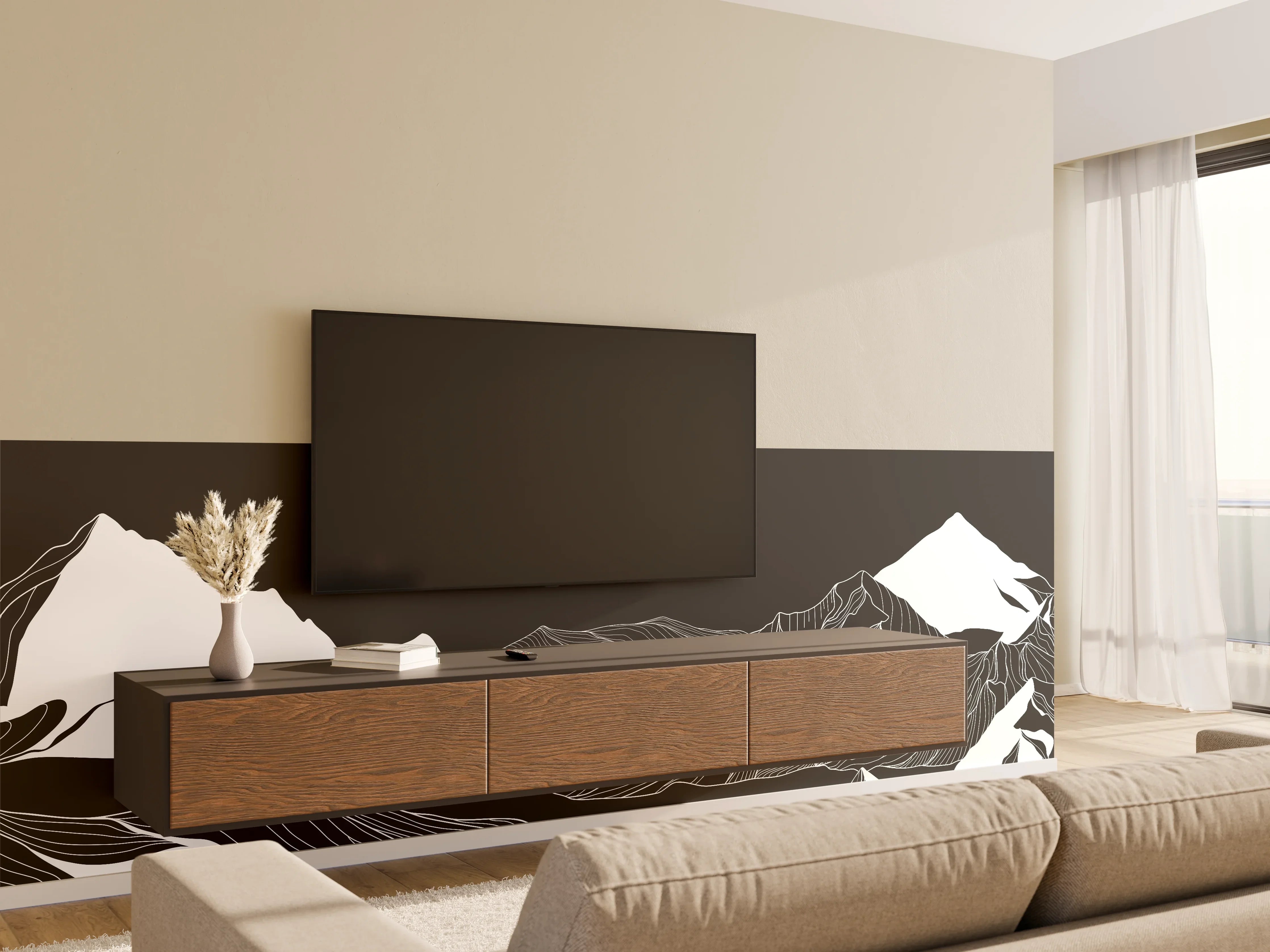 Wandverkleidung Wohnzimmer - Abstrakte Berglandschaft in Monochrom