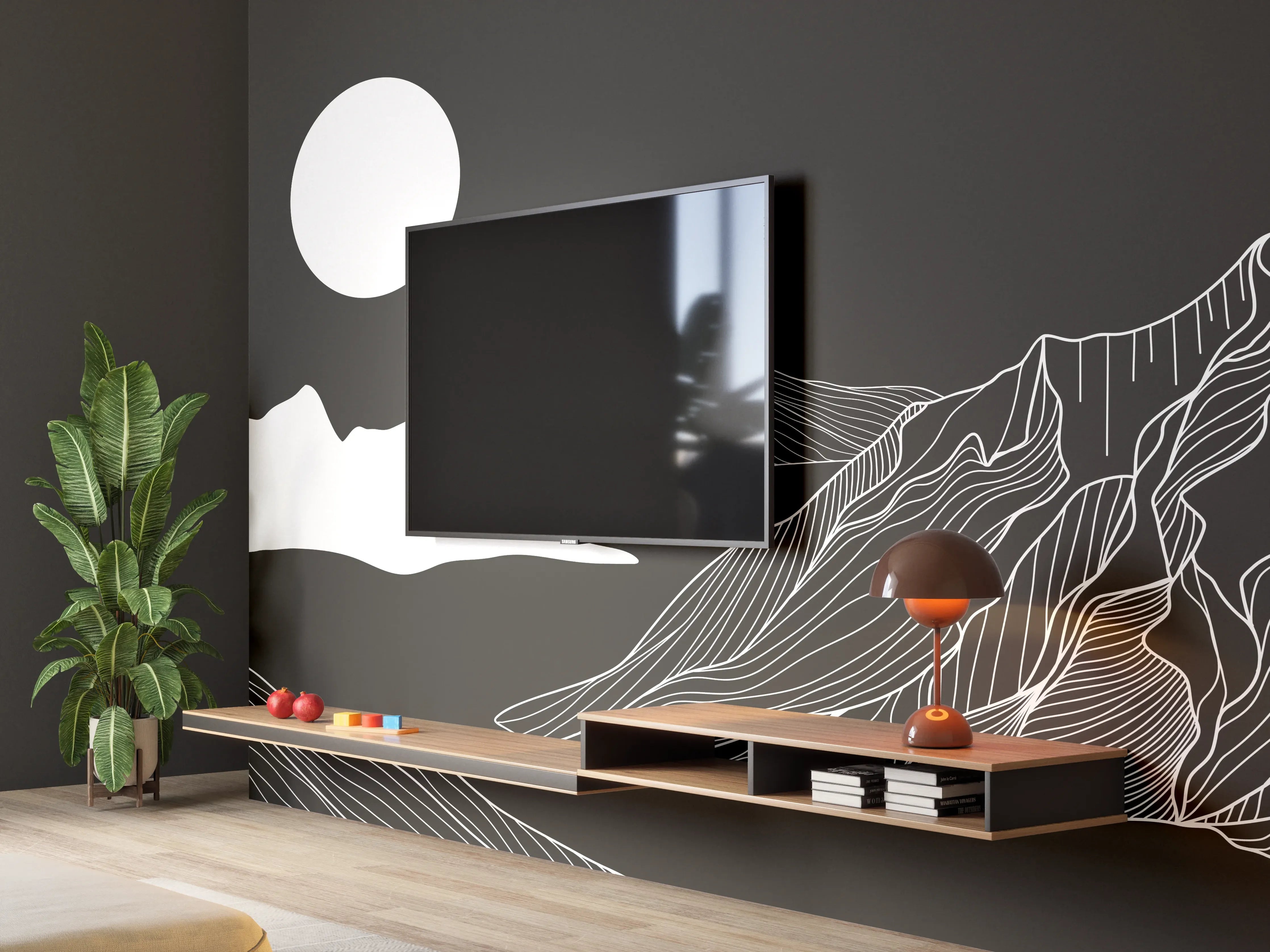 Wandverkleidung Wohnzimmer - Abstrakte Berglandschaft in Monochrom