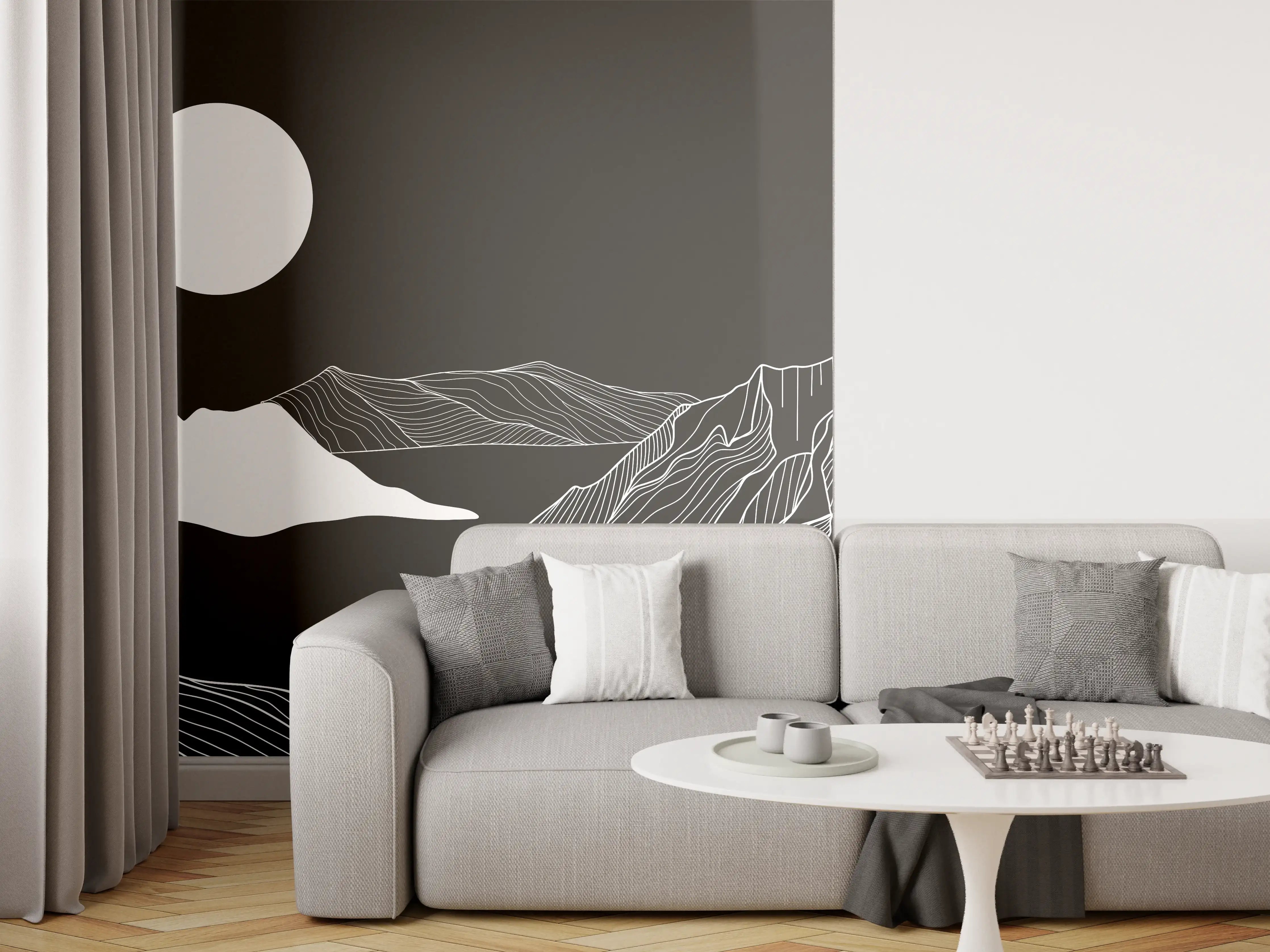 Wandverkleidung Wohnzimmer - Abstrakte Berglandschaft in Monochrom