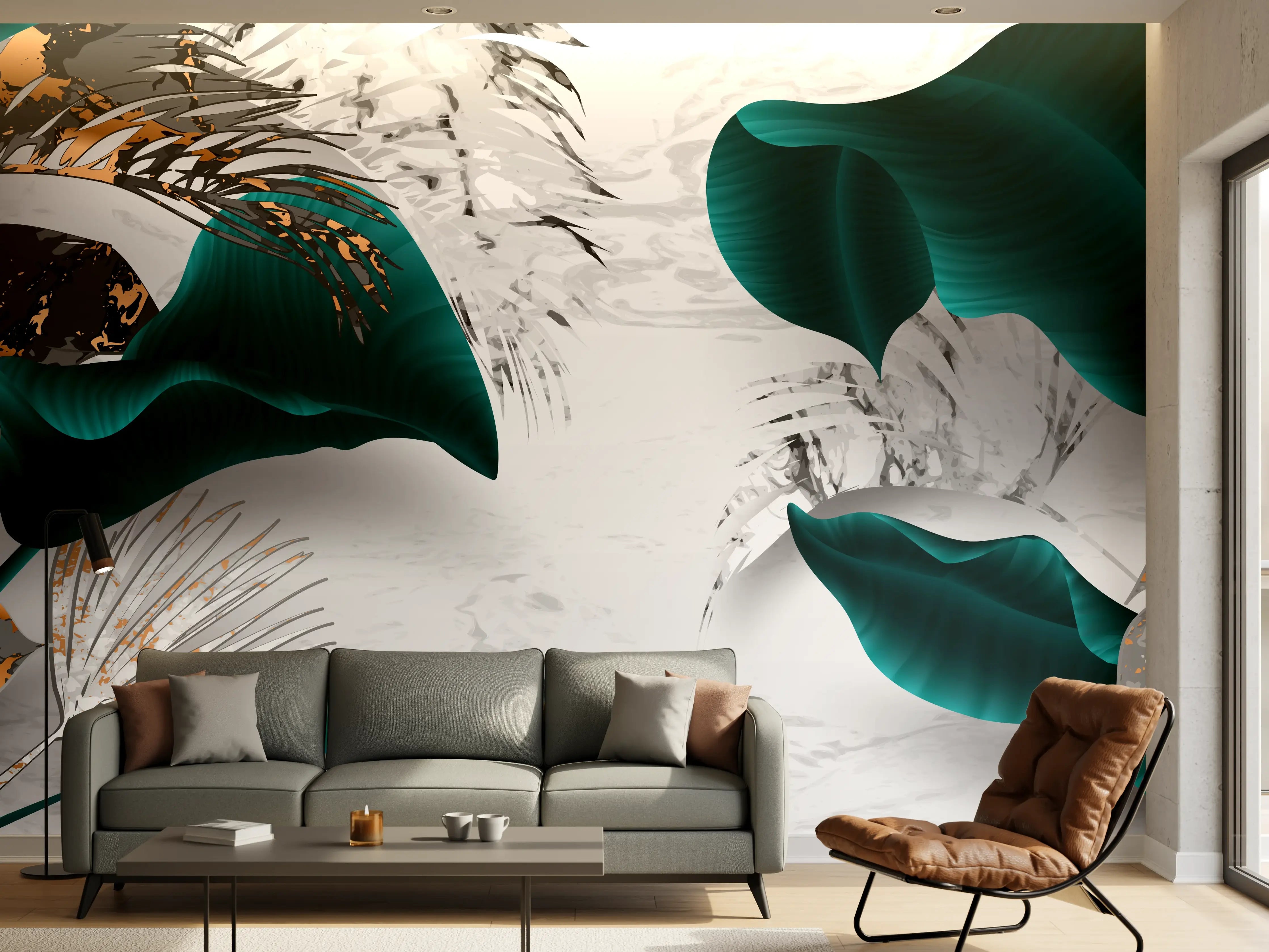 Wandverkleidung Wohnzimmer - Abstrakte Blatt Gold Grau Kunst