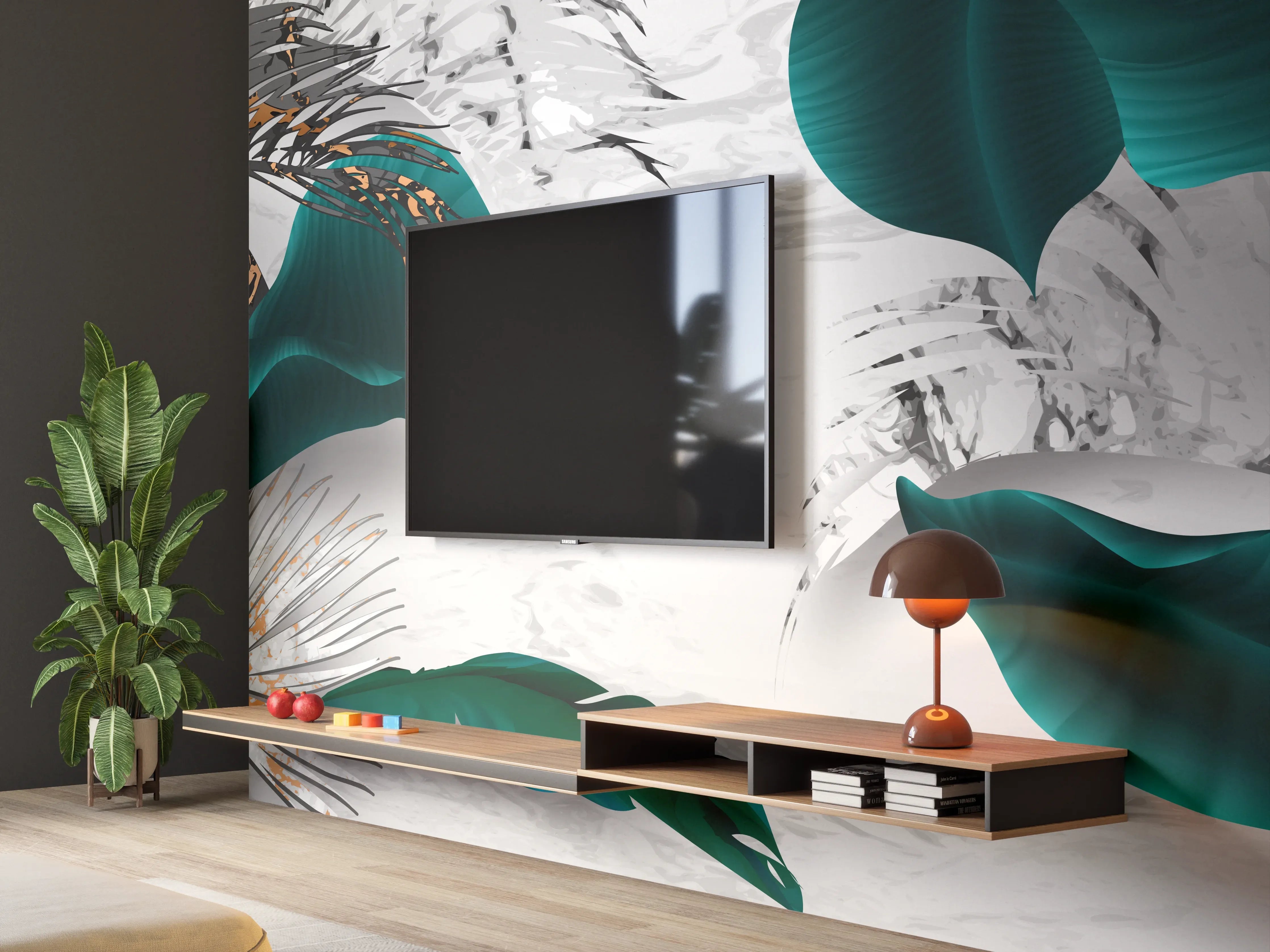 Wandverkleidung Wohnzimmer - Abstrakte Blatt Gold Grau Kunst