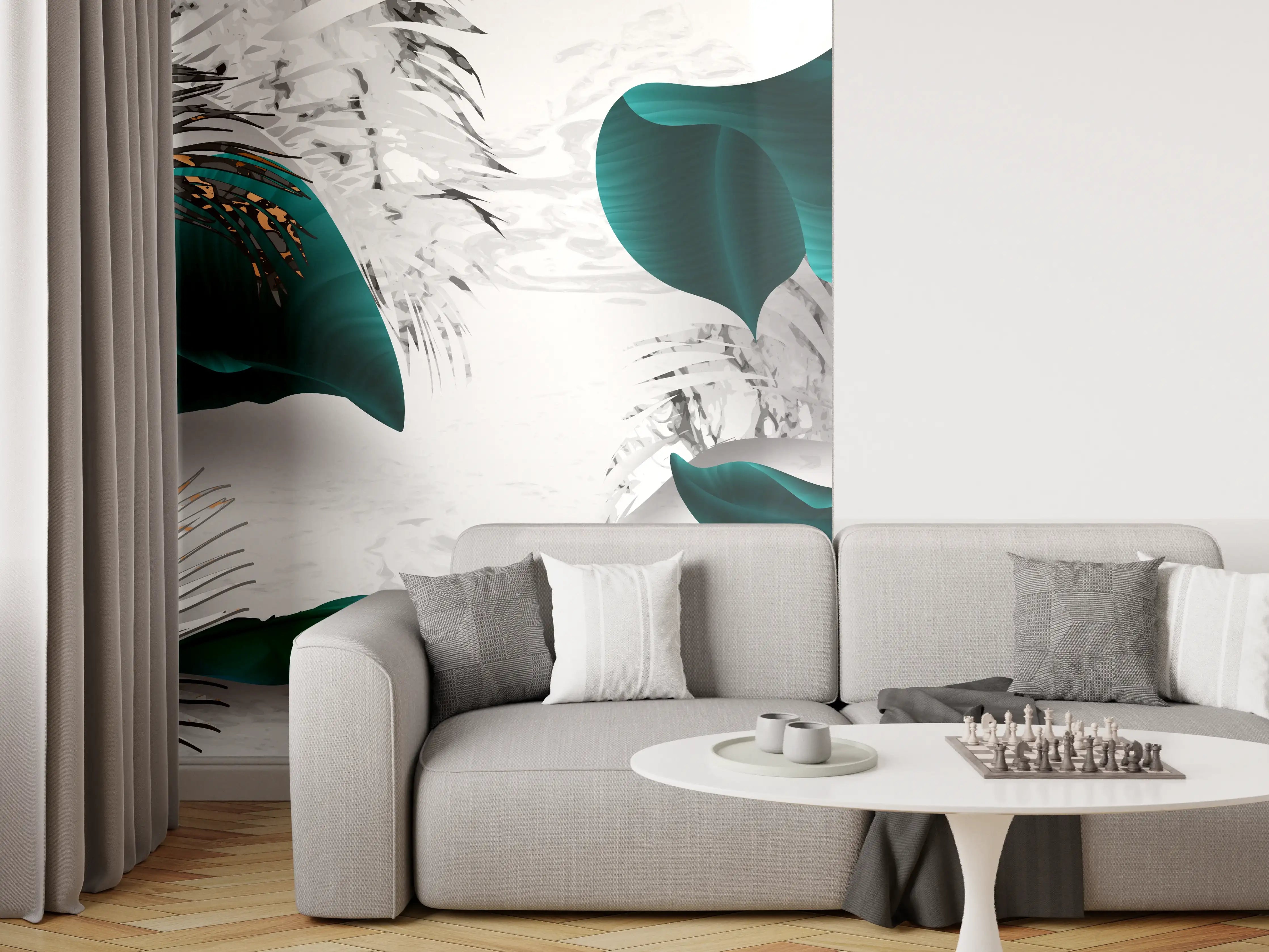Wandverkleidung Wohnzimmer - Abstrakte Blatt Gold Grau Kunst