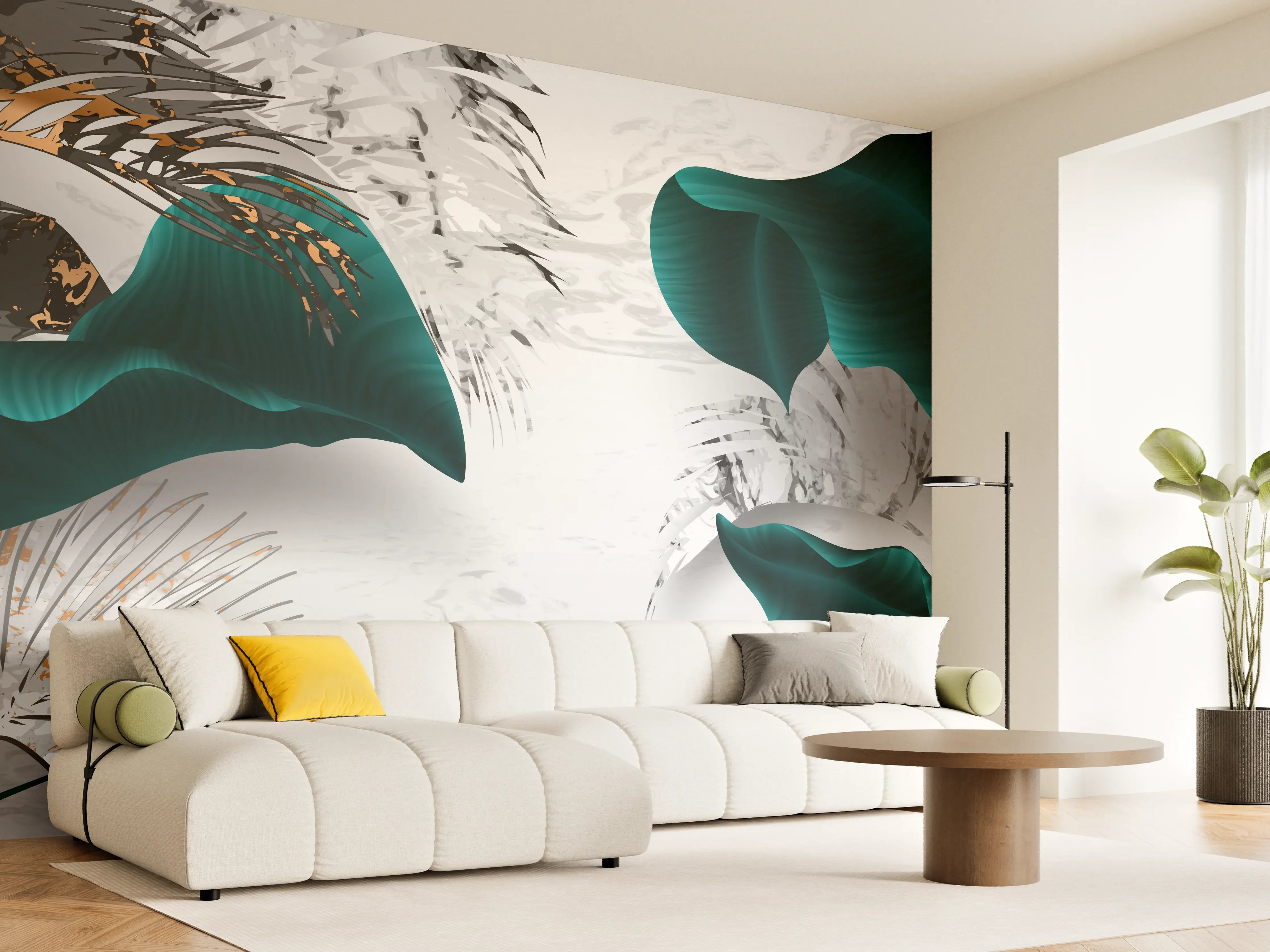 Wandverkleidung Wohnzimmer - Abstrakte Blatt Gold Grau Kunst