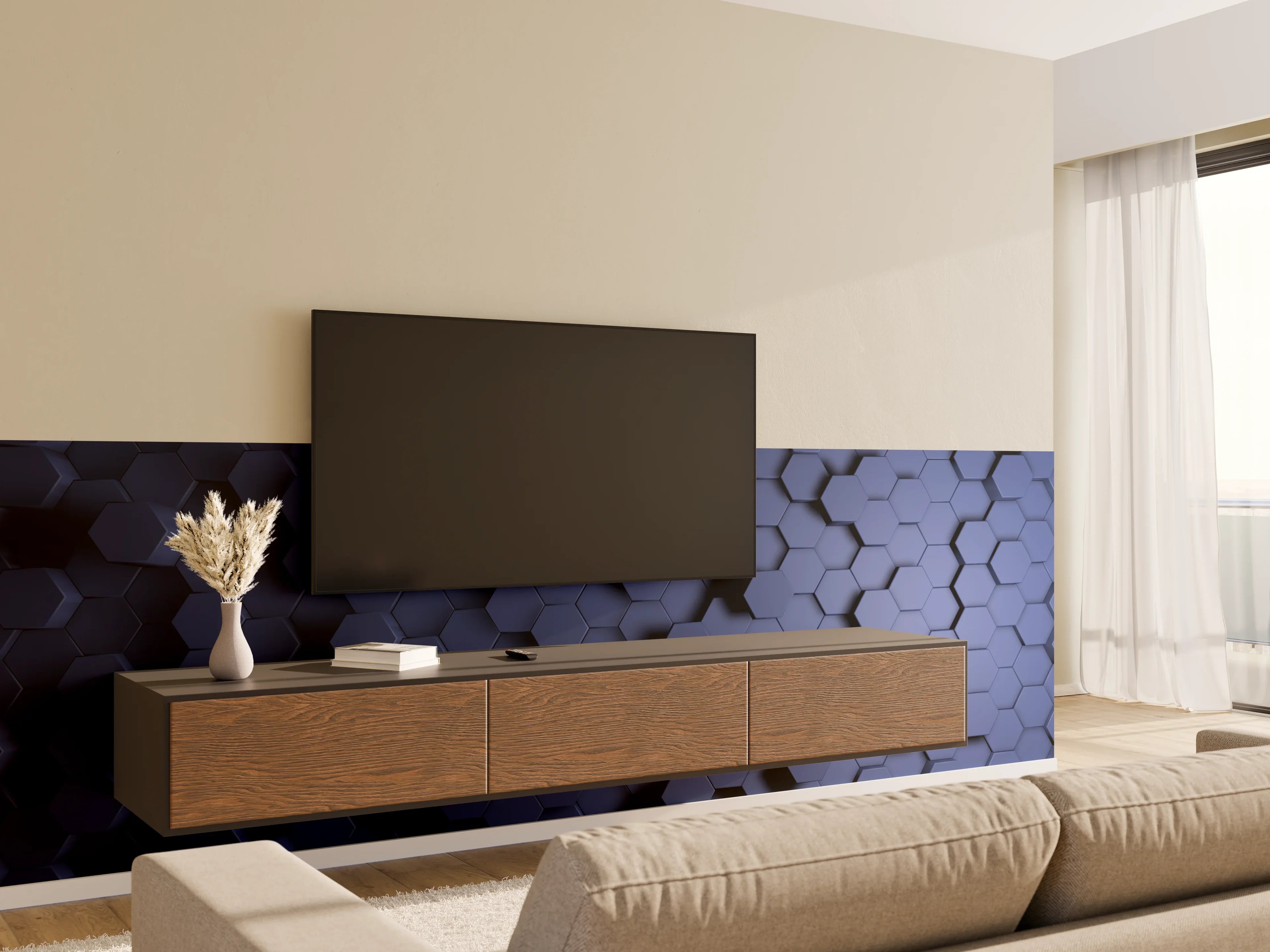 Wandverkleidung Wohnzimmer - Abstrakte Blau-Hexagon-Struktur