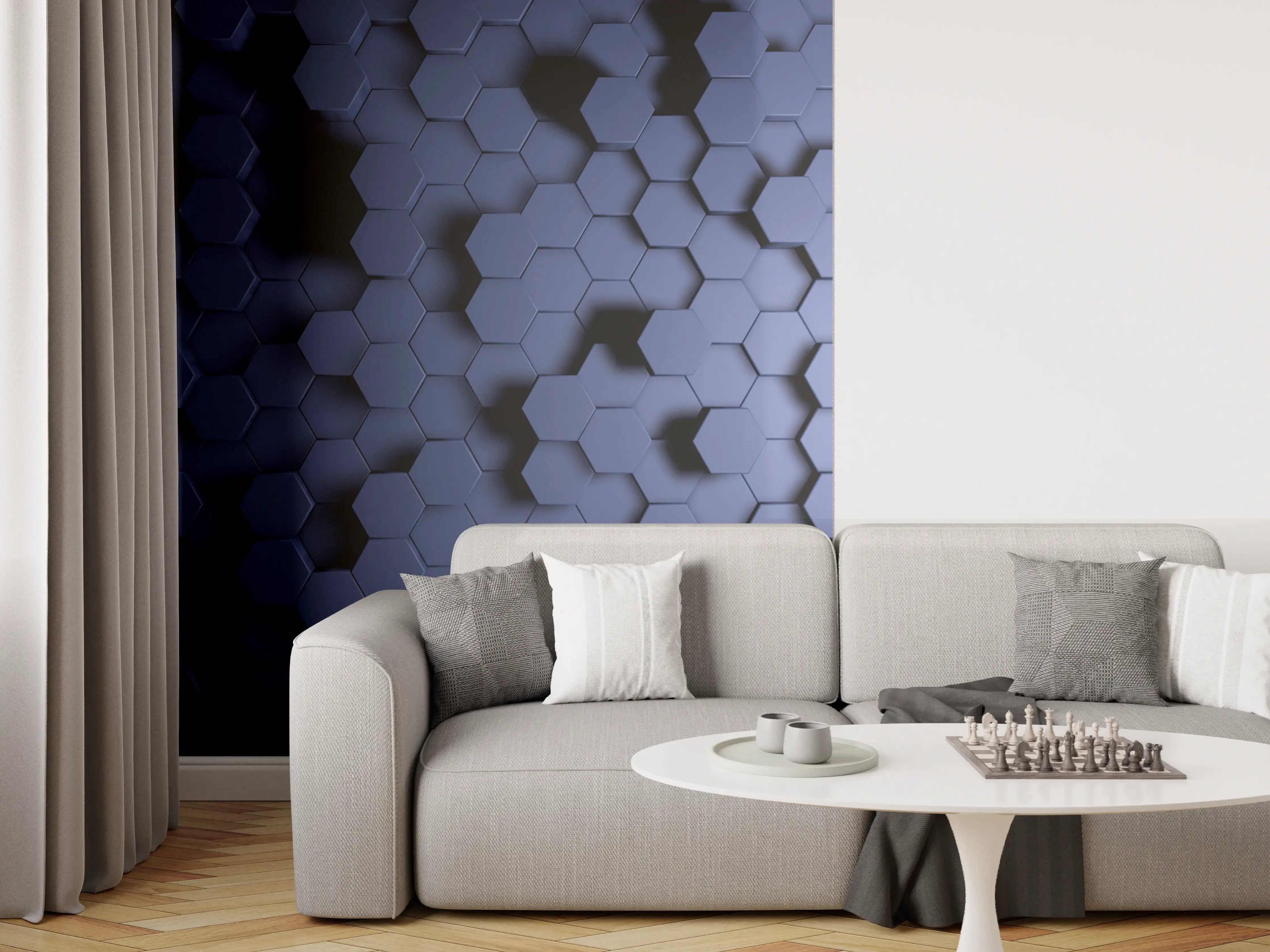 Wandverkleidung Wohnzimmer - Abstrakte Blau-Hexagon-Struktur