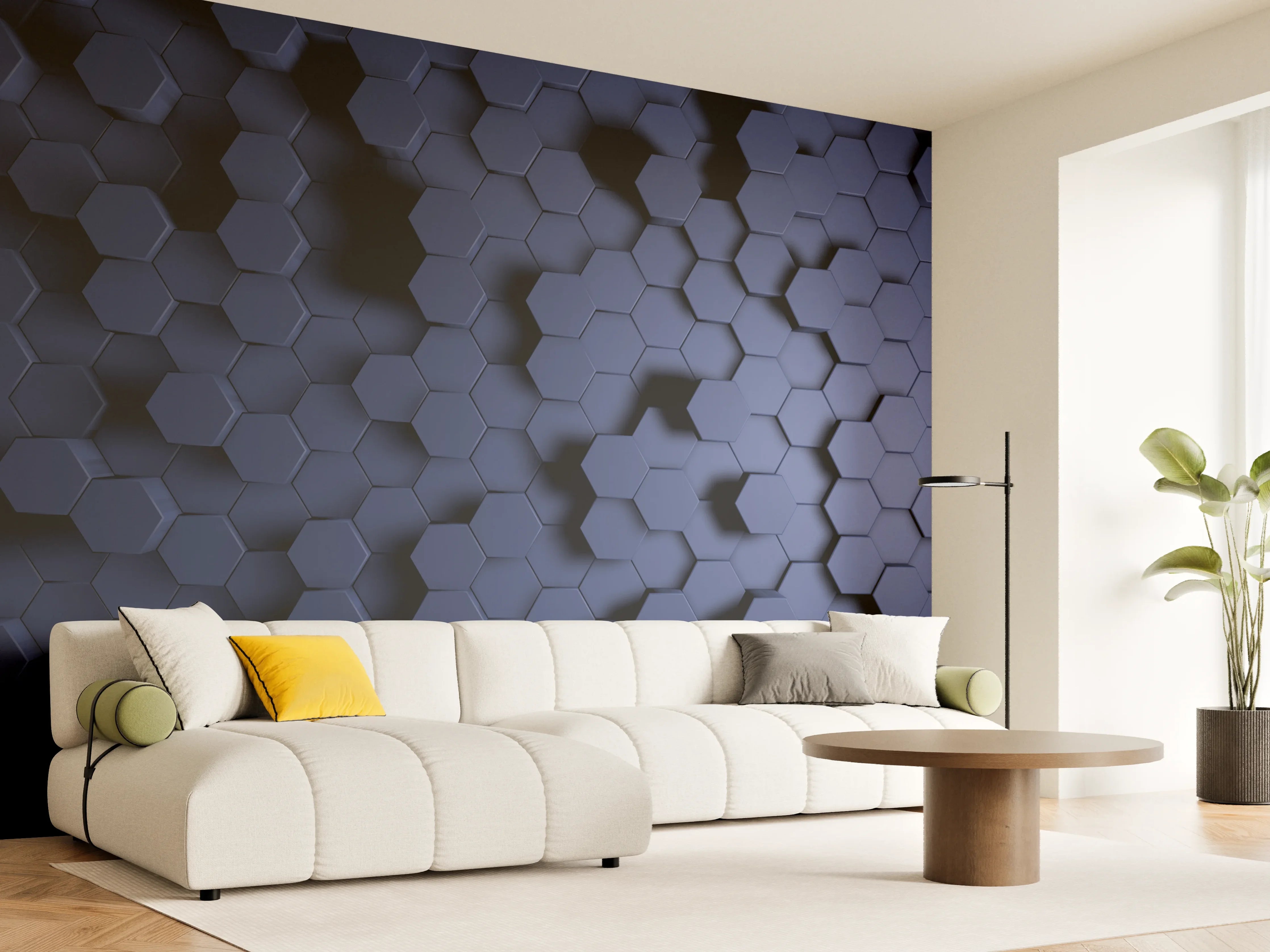 Wandverkleidung Wohnzimmer - Abstrakte Blau-Hexagon-Struktur