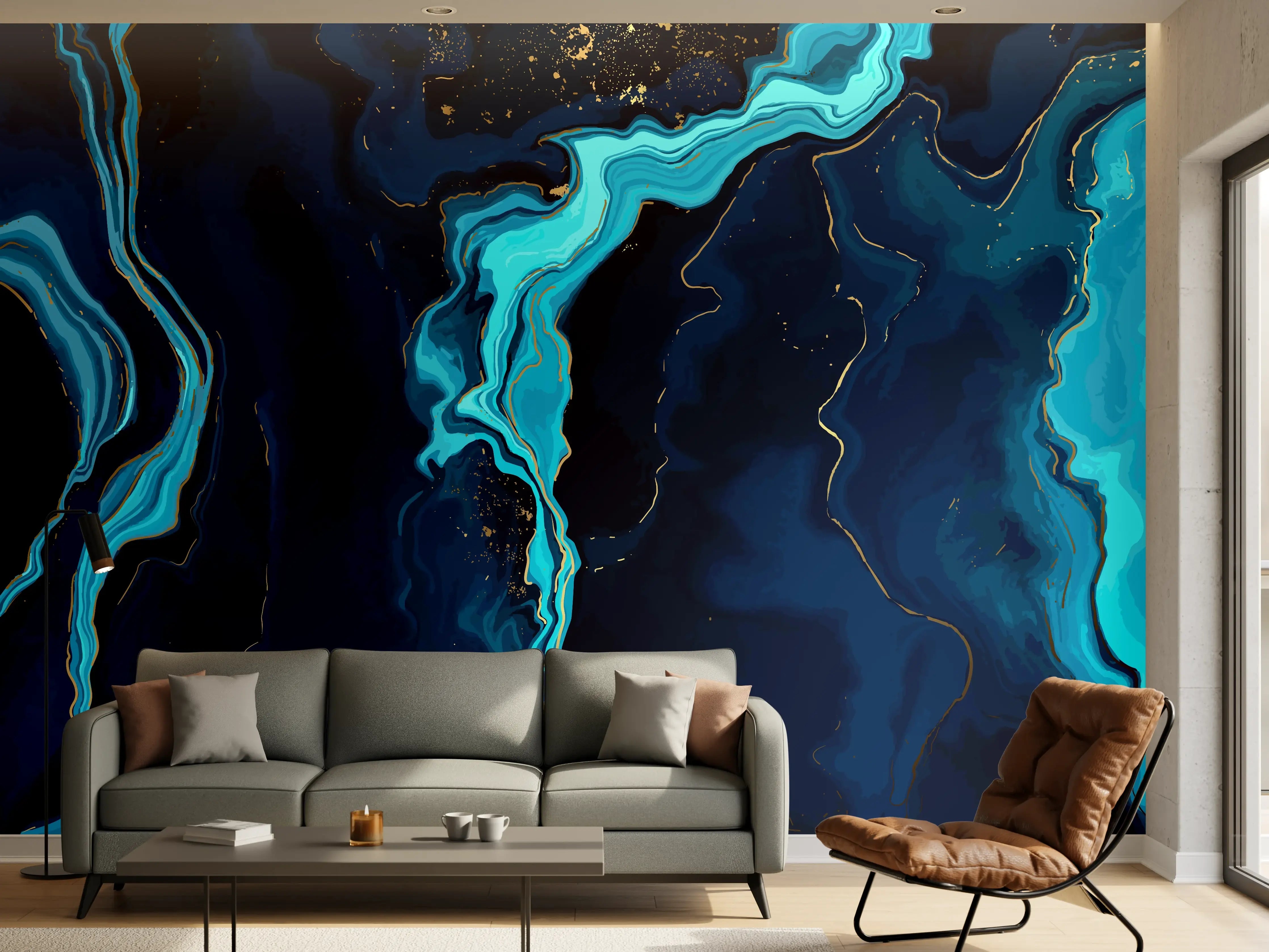 Wandverkleidung Wohnzimmer - Abstrakte Blau-Türkis Strömungen
